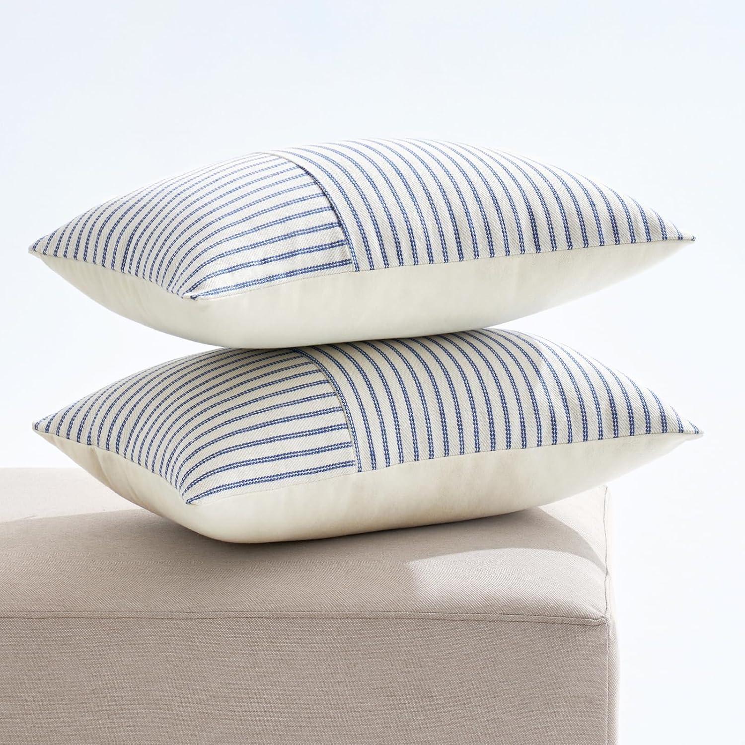 imageMIULEE Dark Green Patchwork Farmhouse Pillow Covers 18x18 Inch Pack of 2 Striped Linen Decorative Modern Accent Pillow Cases for Sofa Couch BedroomRoyal Blue