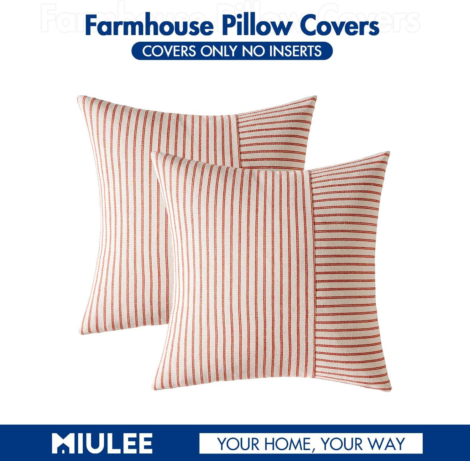 imageMIULEE Dark Green Patchwork Farmhouse Pillow Covers 18x18 Inch Pack of 2 Striped Linen Decorative Modern Accent Pillow Cases for Sofa Couch BedroomRust