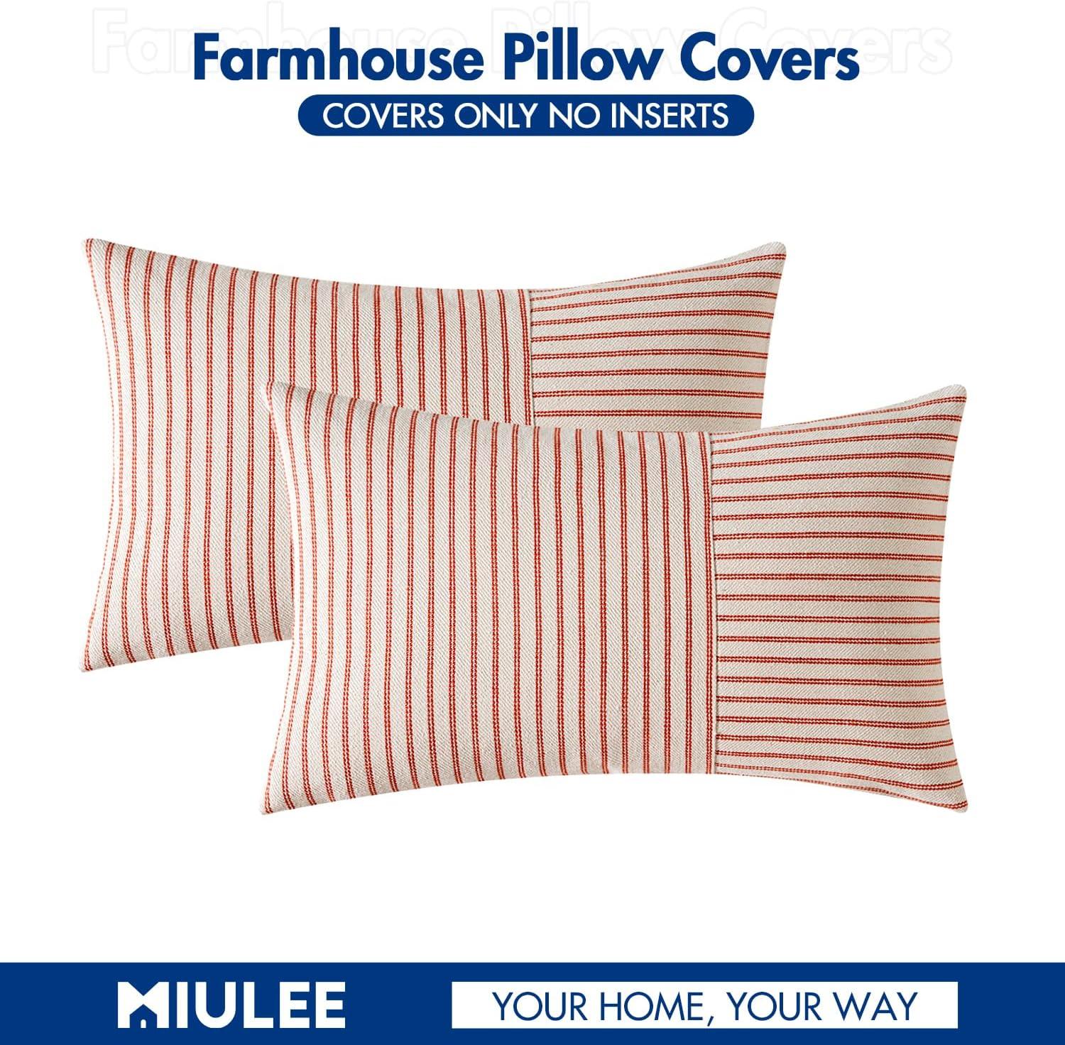 imageMIULEE Dark Green Patchwork Farmhouse Pillow Covers 18x18 Inch Pack of 2 Striped Linen Decorative Modern Accent Pillow Cases for Sofa Couch BedroomRust