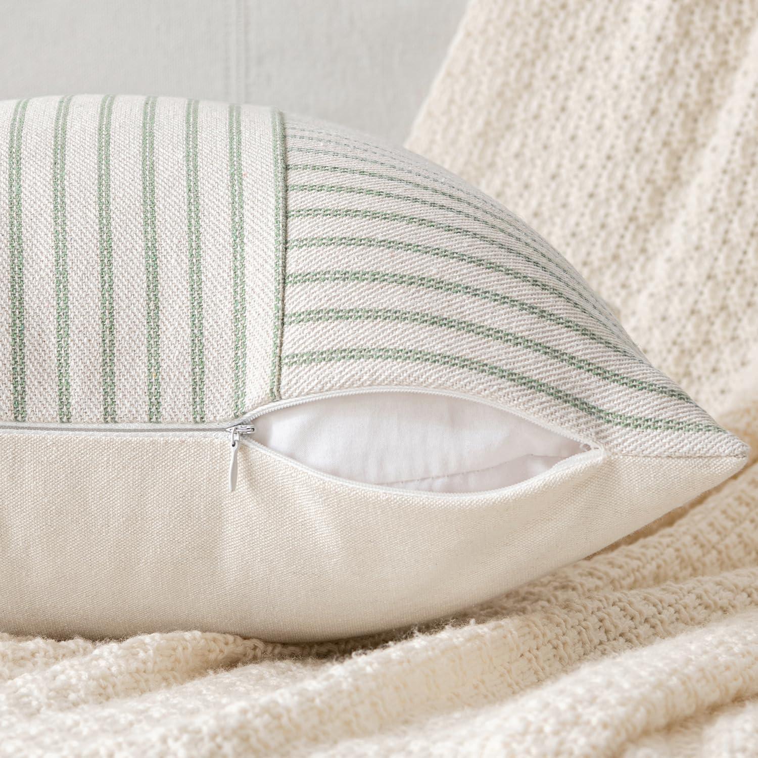 imageMIULEE Dark Green Patchwork Farmhouse Pillow Covers 18x18 Inch Pack of 2 Striped Linen Decorative Modern Accent Pillow Cases for Sofa Couch BedroomSage Green