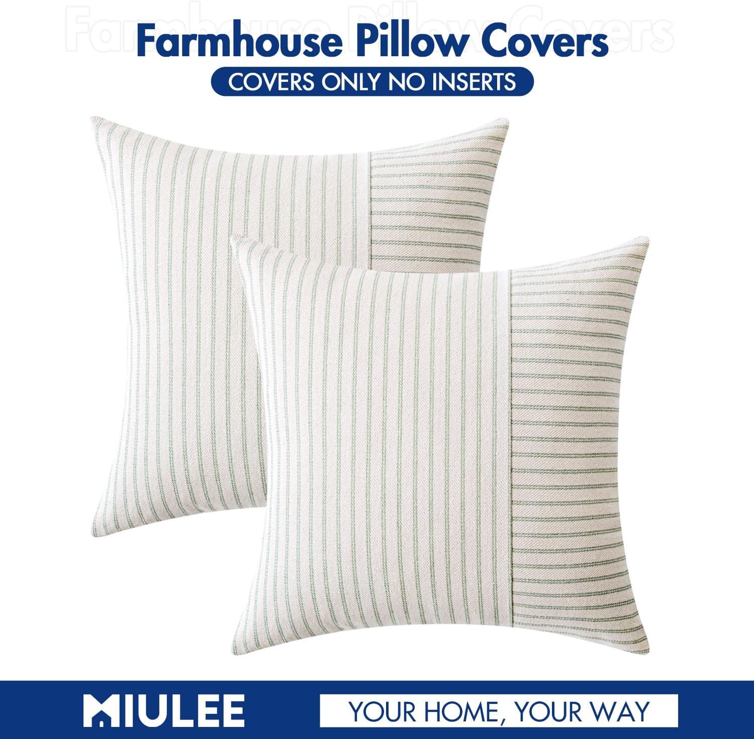 imageMIULEE Dark Green Patchwork Farmhouse Pillow Covers 18x18 Inch Pack of 2 Striped Linen Decorative Modern Accent Pillow Cases for Sofa Couch BedroomSage Green