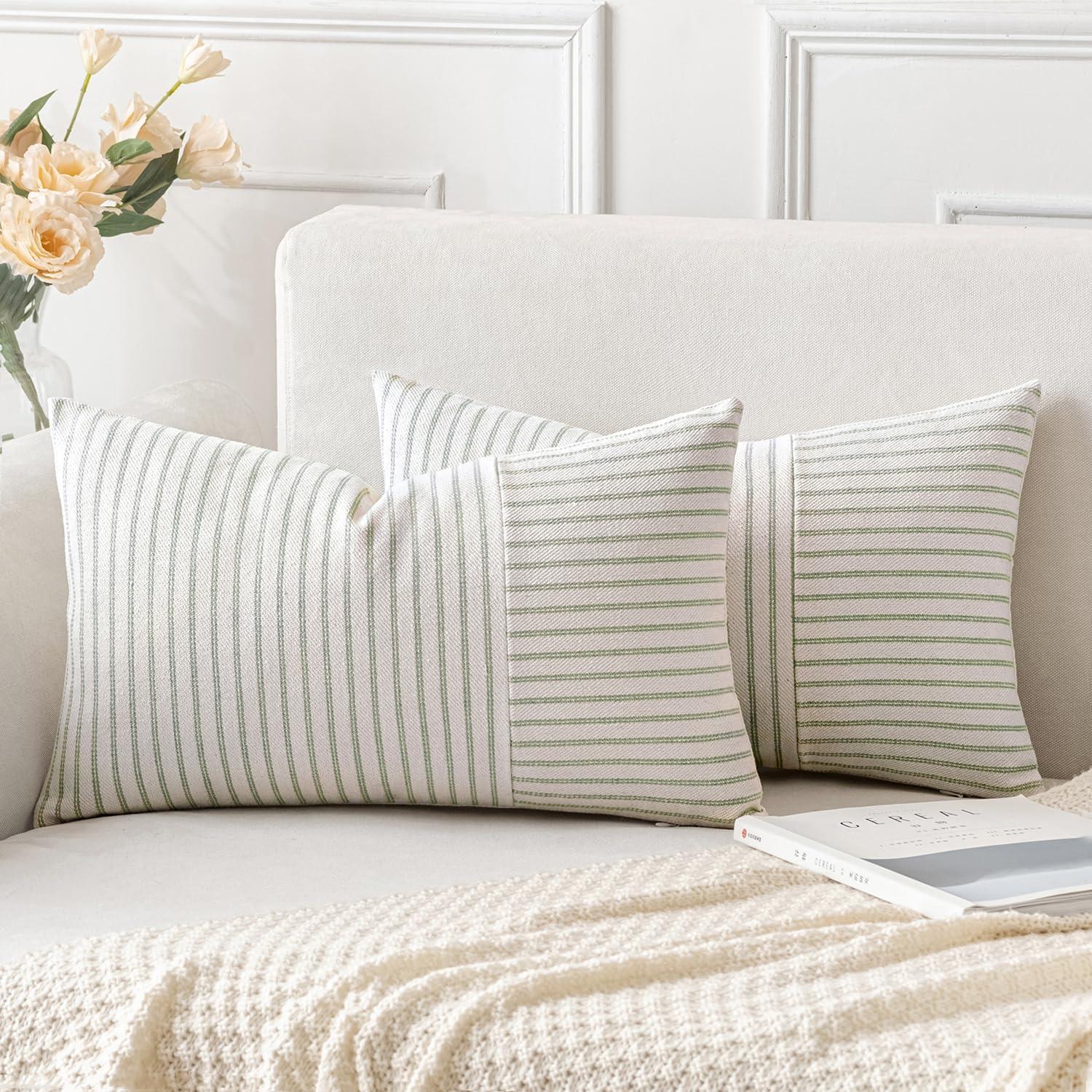 imageMIULEE Dark Green Patchwork Farmhouse Pillow Covers 18x18 Inch Pack of 2 Striped Linen Decorative Modern Accent Pillow Cases for Sofa Couch BedroomSage Green