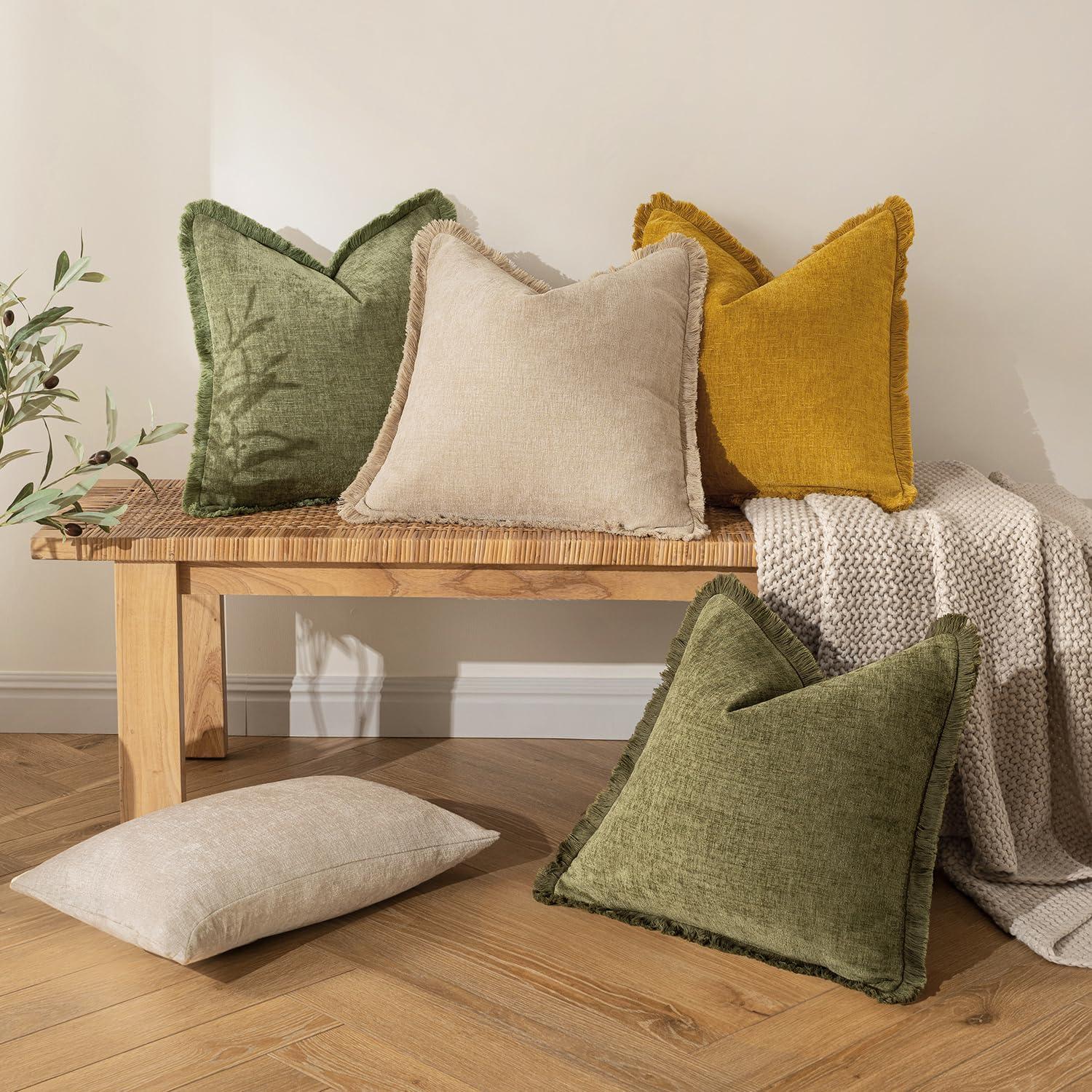 imageMIULEE Decorative Black Throw Pillow Covers 20x20 Inch Set of 2 Soft Cozy Boho Farmhouse Couch Pillow Covers with Tassels Chenille Accent Pillowcases for Spring Sofa Bed Living Room Home DecorOlive Green