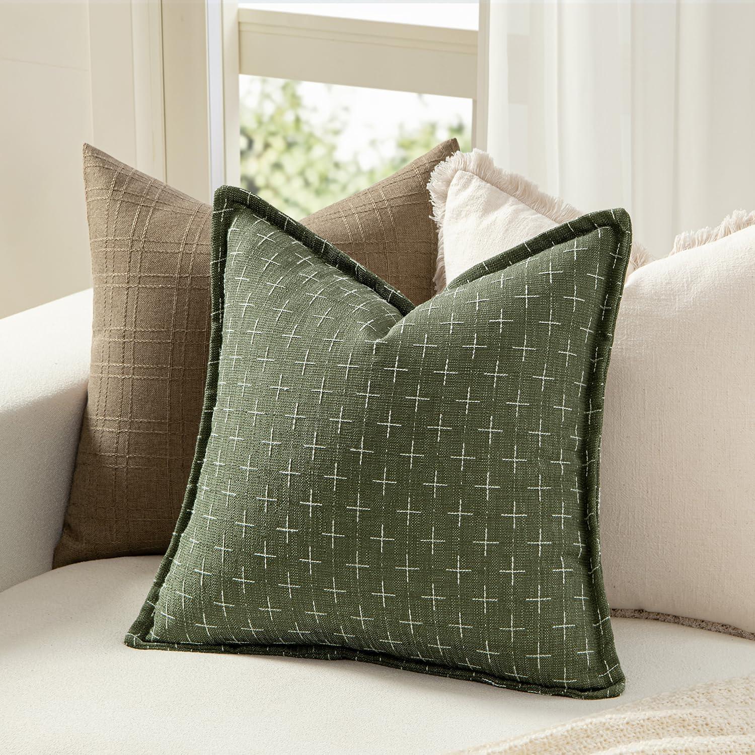 imageMIULEE Decorative Burlap Linen Throw Pillows Covers 18x18 Inch Christmas Olive Green Spring Vintage Couch Pillow Covers Modern Farmhouse Pillowcase Woven Textured Cushion Cases for Sofa Bed LivingroomOlive Green