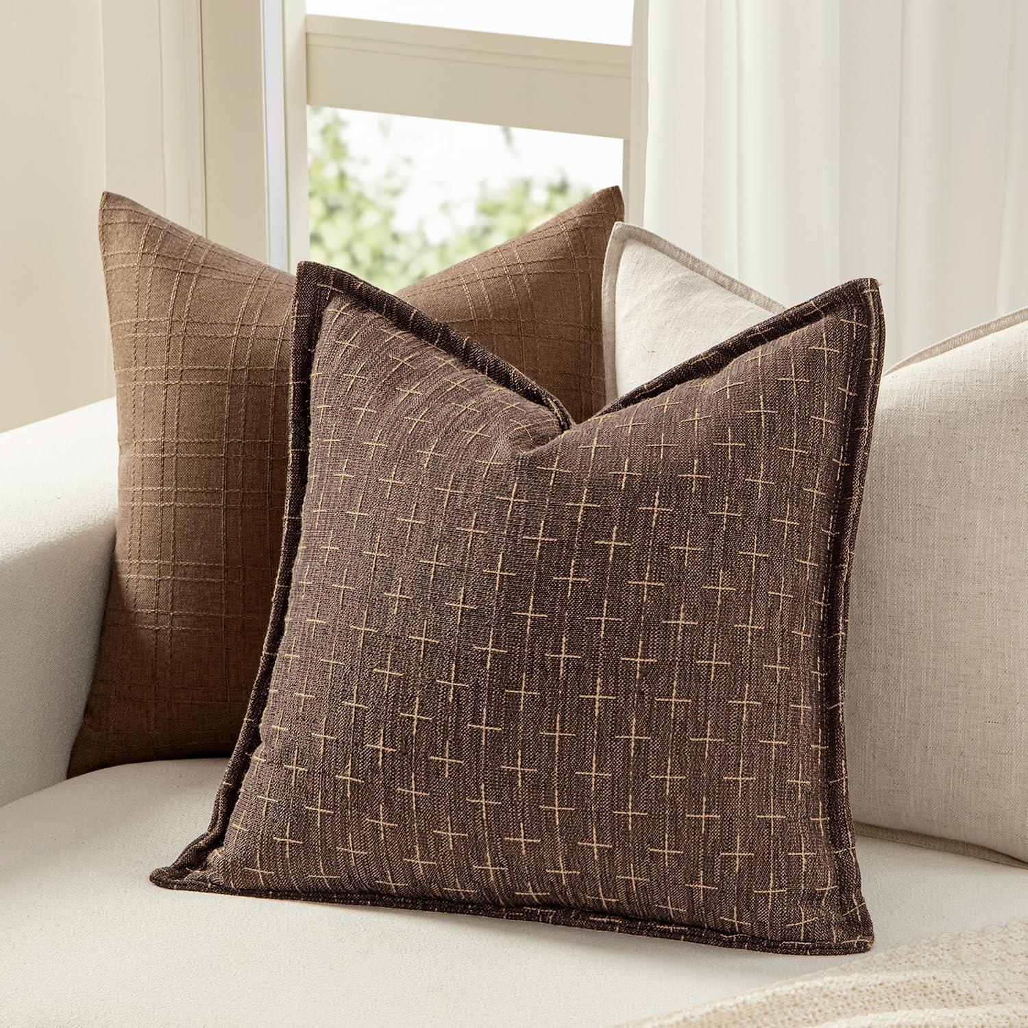 imageMIULEE Decorative Burlap Linen Throw Pillows Covers 18x18 Inch Christmas Olive Green Spring Vintage Couch Pillow Covers Modern Farmhouse Pillowcase Woven Textured Cushion Cases for Sofa Bed LivingroomDark Coffee