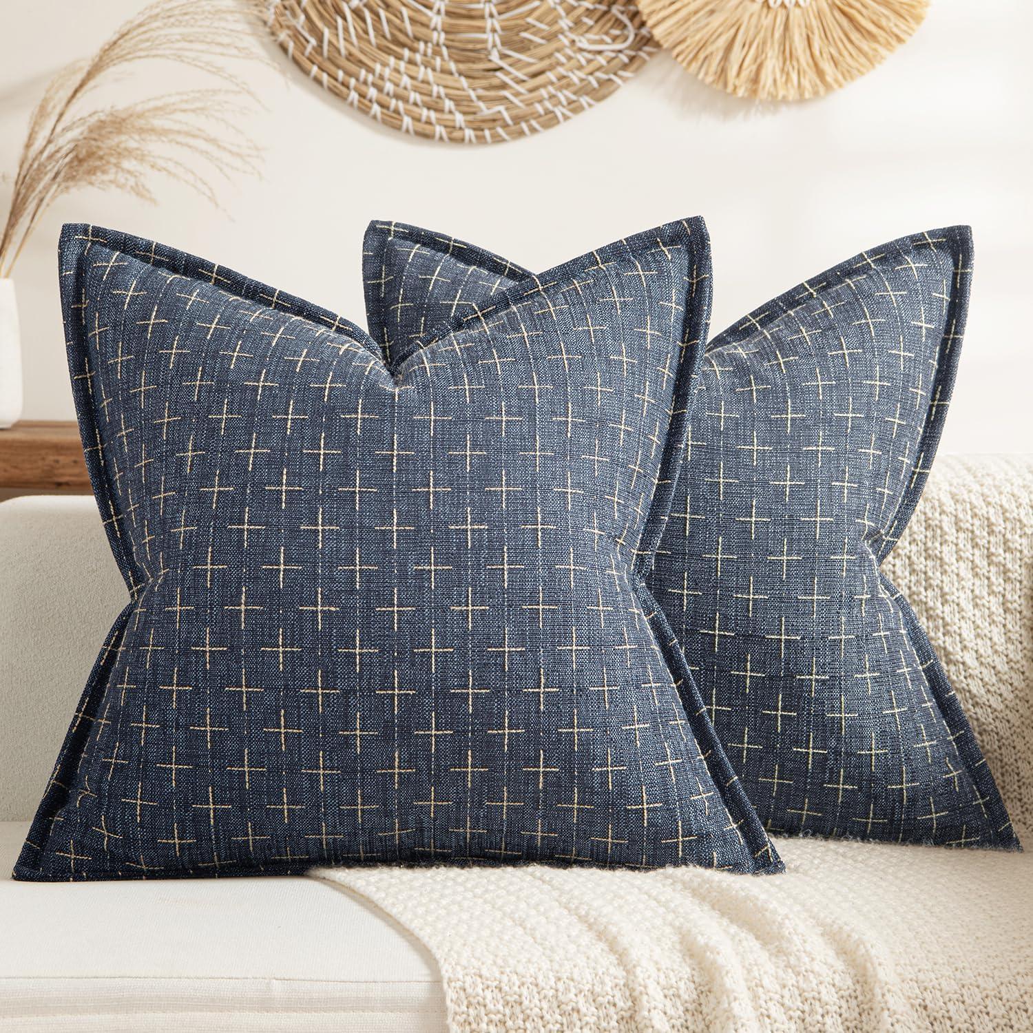 imageMIULEE Decorative Burlap Linen Throw Pillows Covers 18x18 Inch Christmas Olive Green Spring Vintage Couch Pillow Covers Modern Farmhouse Pillowcase Woven Textured Cushion Cases for Sofa Bed LivingroomBlue
