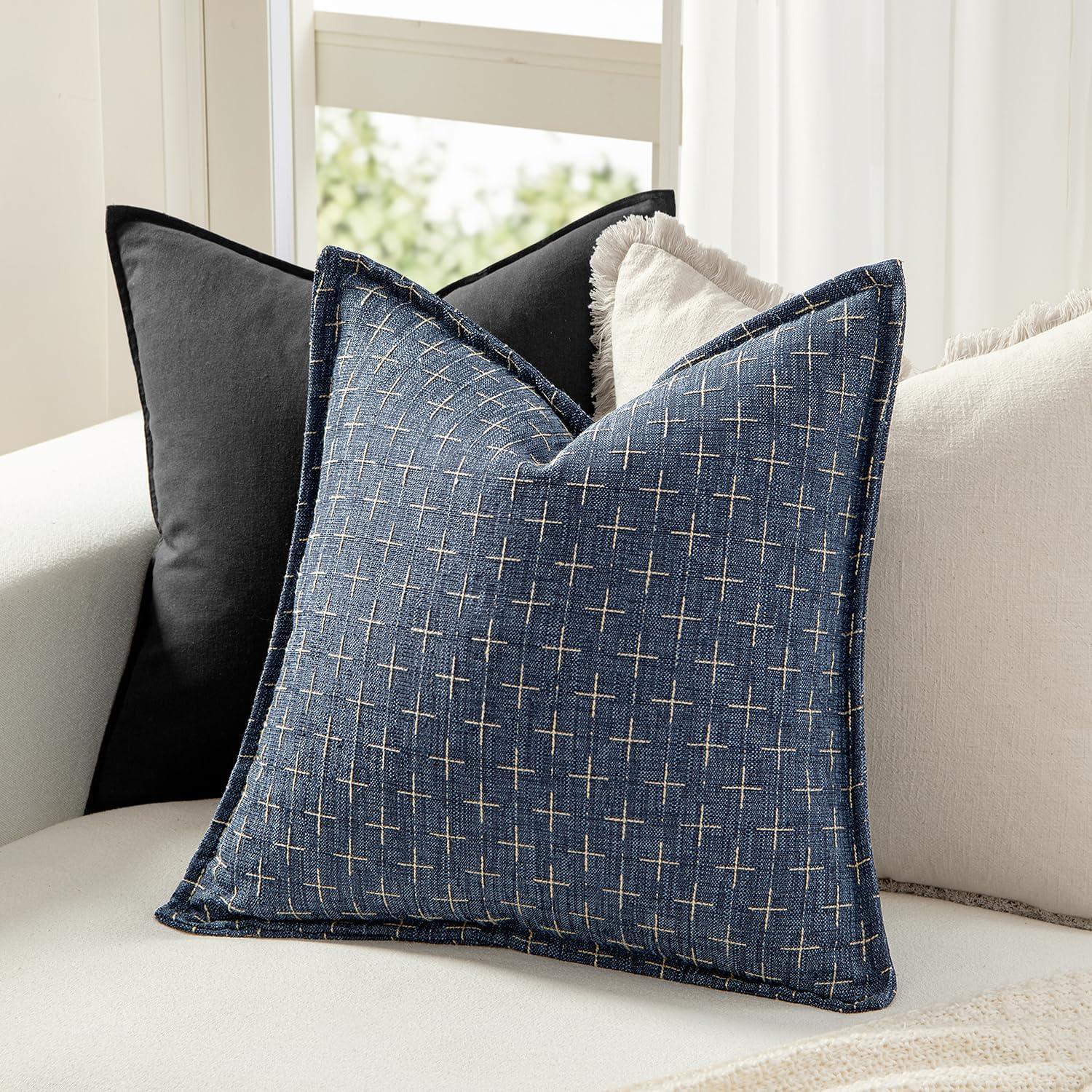 imageMIULEE Decorative Burlap Linen Throw Pillows Covers 18x18 Inch Christmas Olive Green Spring Vintage Couch Pillow Covers Modern Farmhouse Pillowcase Woven Textured Cushion Cases for Sofa Bed LivingroomBlue