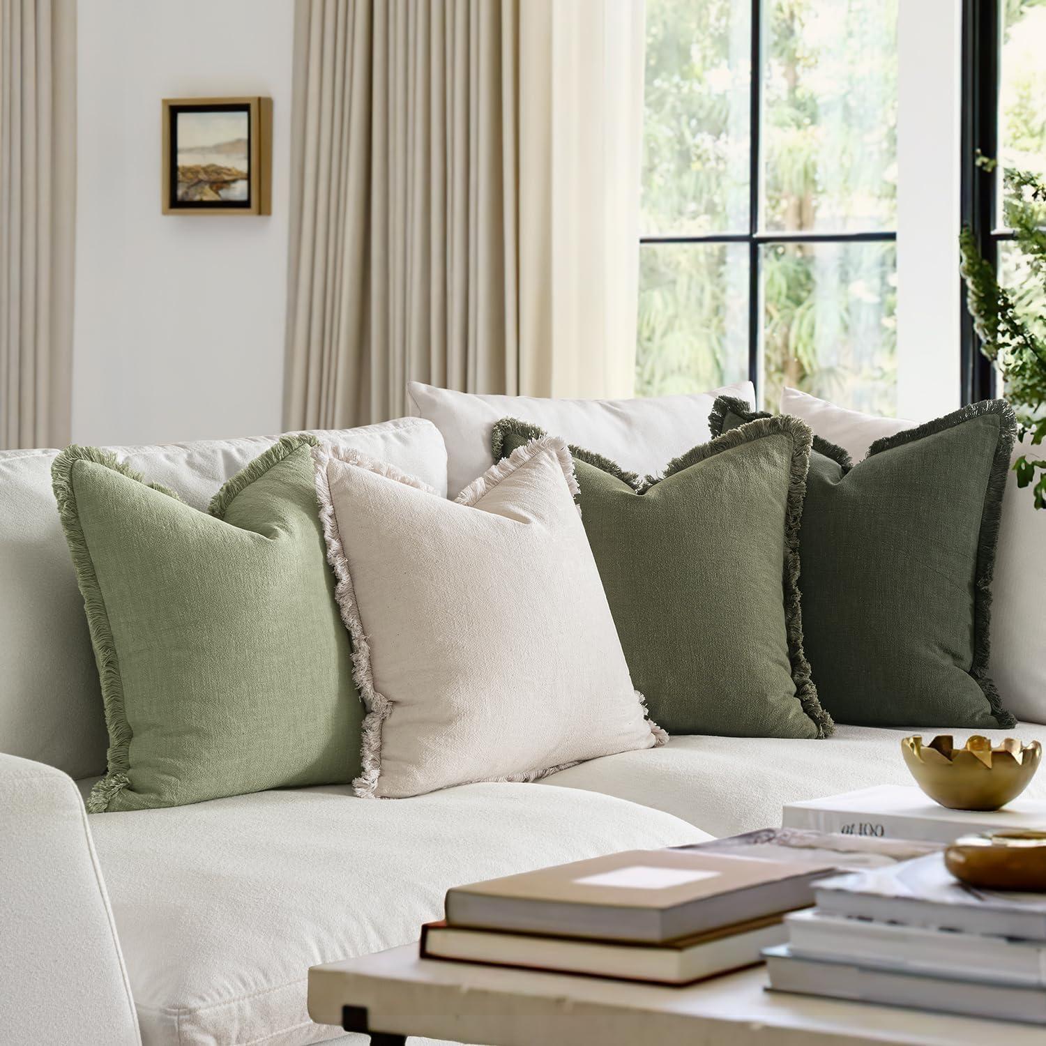 imageMIULEE Decorative Couch Pillow Covers Neutral Linen Fringe Throw Pillows Set of 4 Soft Rustic Cushions Boho Farmhouse Pillowcases for Bed Sofa Living Room Home Decor 18x18 Inch BeigeBrownGreenSage Green