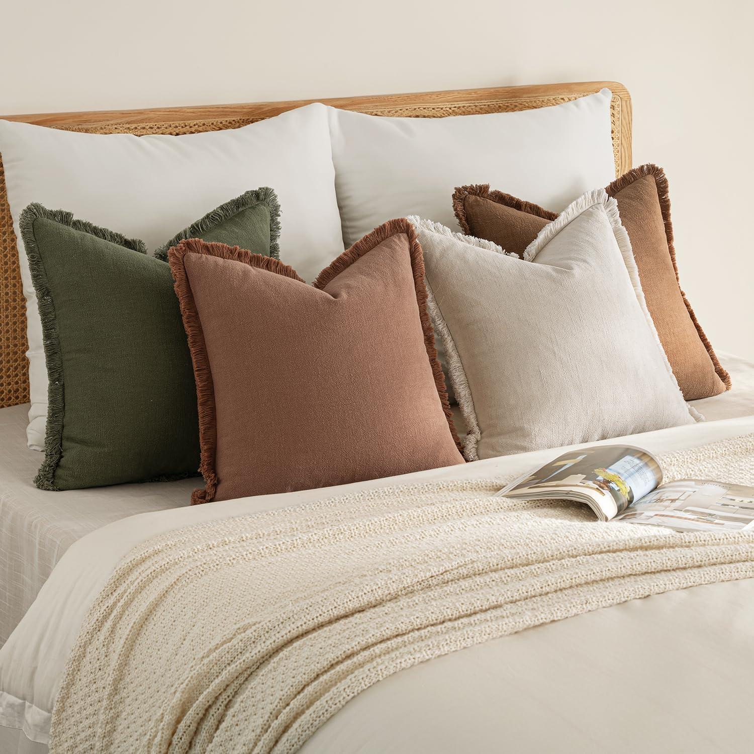 imageMIULEE Decorative Couch Pillow Covers Neutral Linen Fringe Throw Pillows Set of 4 Soft Rustic Cushions Boho Farmhouse Pillowcases for Bed Sofa Living Room Home Decor 18x18 Inch BeigeBrownGreenBrown Green