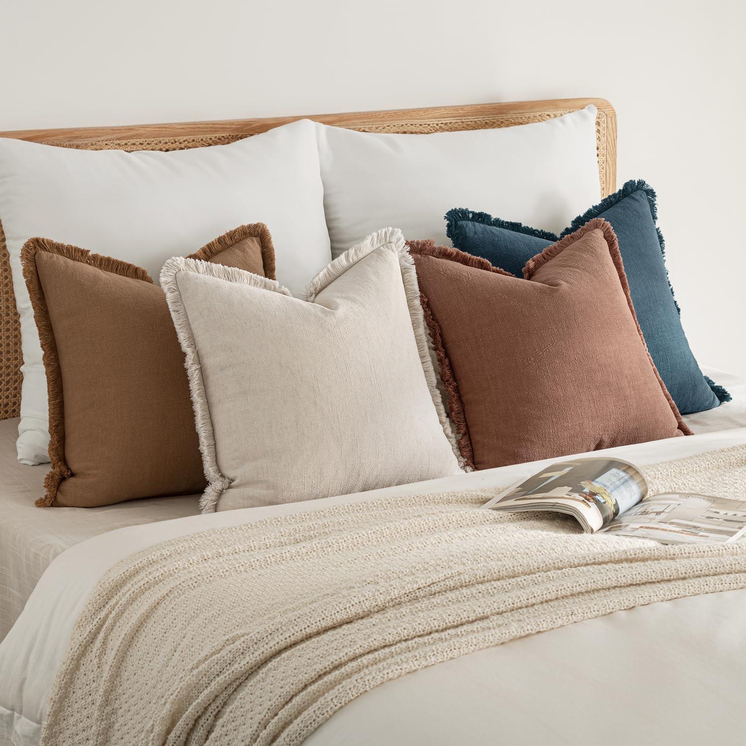 imageMIULEE Decorative Couch Pillow Covers Neutral Linen Fringe Throw Pillows Set of 4 Soft Rustic Cushions Boho Farmhouse Pillowcases for Bed Sofa Living Room Home Decor 18x18 Inch BeigeBrownGreenBlue Brown