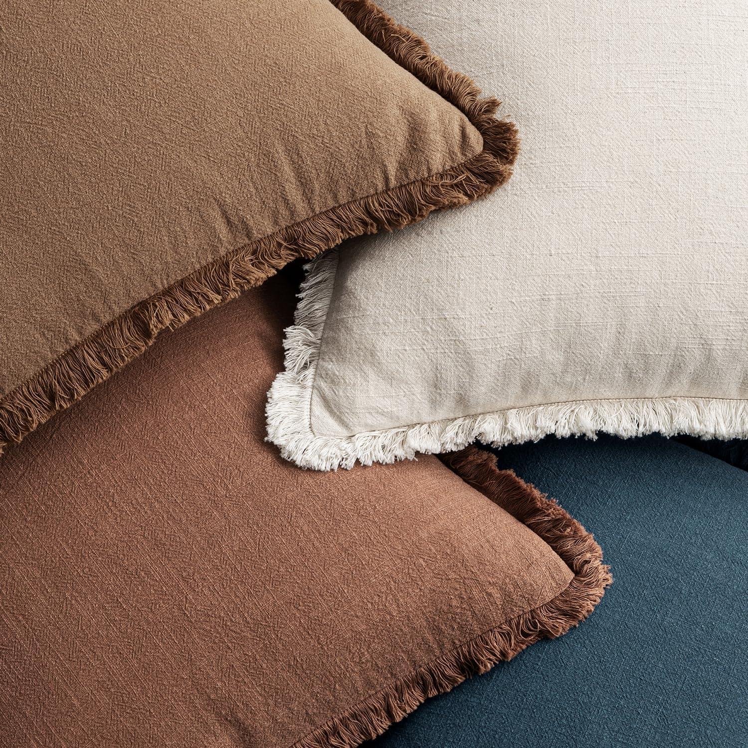 imageMIULEE Decorative Couch Pillow Covers Neutral Linen Fringe Throw Pillows Set of 4 Soft Rustic Cushions Boho Farmhouse Pillowcases for Bed Sofa Living Room Home Decor 18x18 Inch BeigeBrownGreenBlue Brown