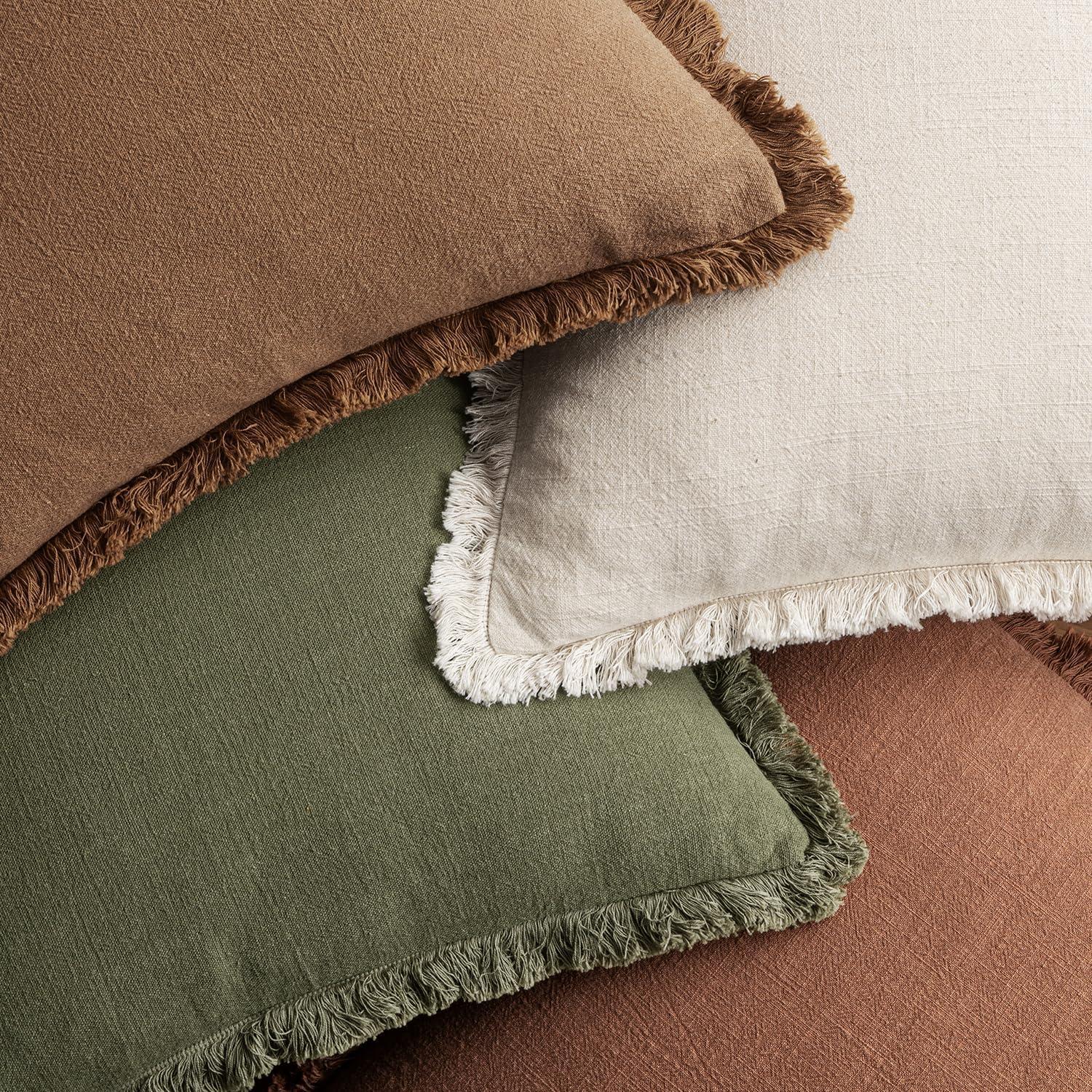 imageMIULEE Decorative Couch Pillow Covers Neutral Linen Fringe Throw Pillows Set of 4 Soft Rustic Cushions Boho Farmhouse Pillowcases for Bed Sofa Living Room Home Decor 18x18 Inch BeigeBrownGreenBrown Green
