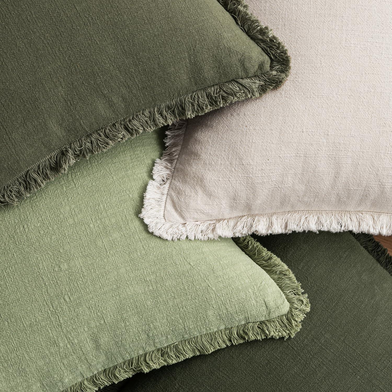 imageMIULEE Decorative Couch Pillow Covers Neutral Linen Fringe Throw Pillows Set of 4 Soft Rustic Cushions Boho Farmhouse Pillowcases for Bed Sofa Living Room Home Decor 18x18 Inch BeigeBrownGreenSage Green