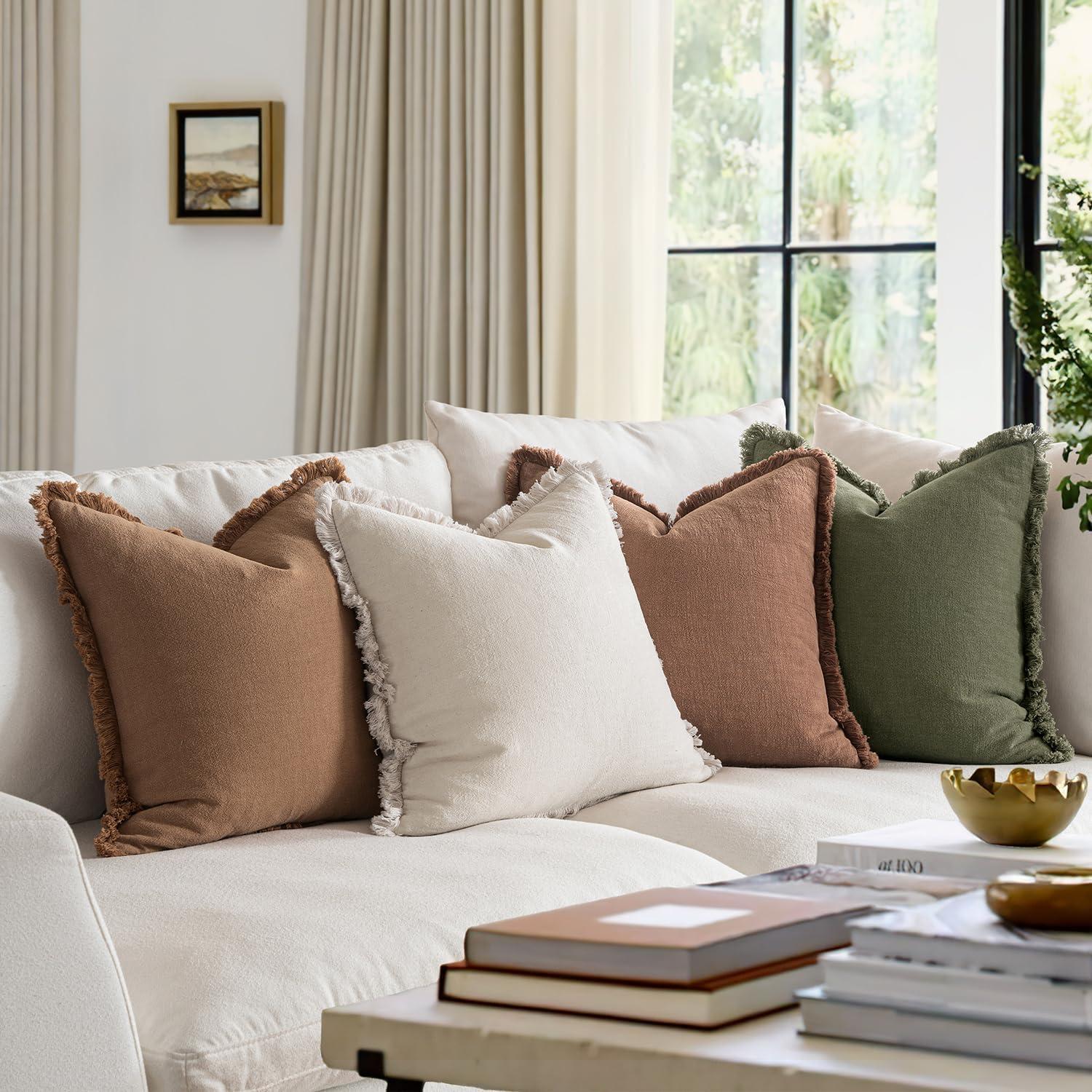 imageMIULEE Decorative Couch Pillow Covers Neutral Linen Fringe Throw Pillows Set of 4 Soft Rustic Cushions Boho Farmhouse Pillowcases for Bed Sofa Living Room Home Decor 18x18 Inch BeigeBrownGreenBrown Green