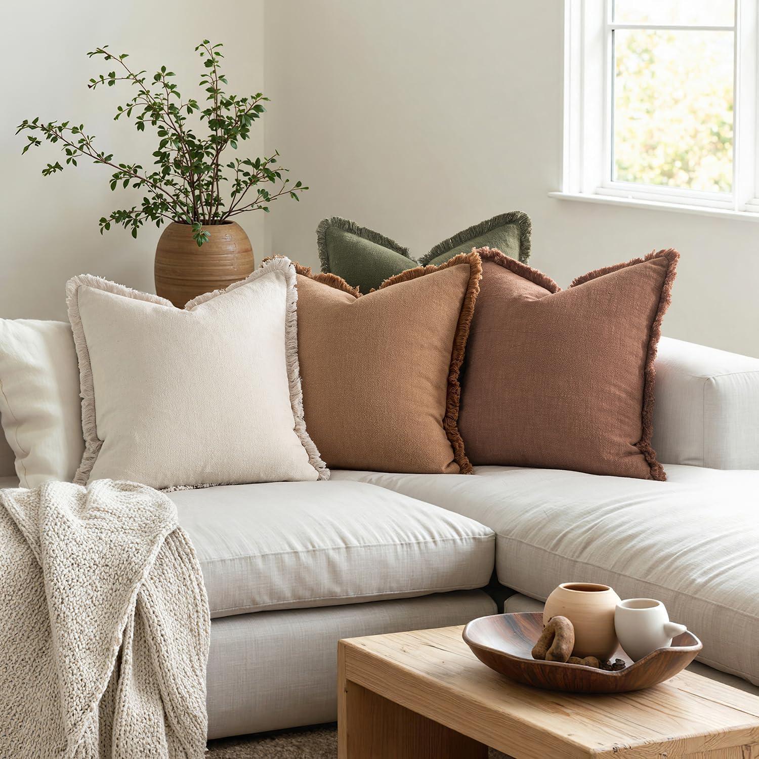 imageMIULEE Decorative Couch Pillow Covers Neutral Linen Fringe Throw Pillows Set of 4 Soft Rustic Cushions Boho Farmhouse Pillowcases for Bed Sofa Living Room Home Decor 18x18 Inch BeigeBrownGreenBrown Green