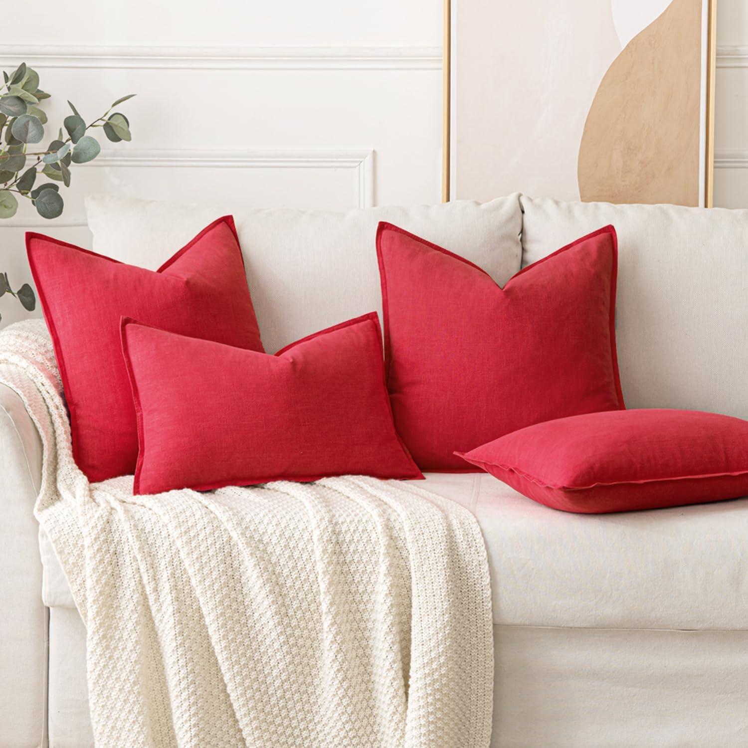 imageMIULEE Decorative Linen Pillow Covers 20x20 Inch Natural Beige Boho Farmhouse Neutral Christmas Couch Throw Pillows for Bed Pack of 2 Accent Modern Pillowcase Sofa Livingroom Home DecorRed