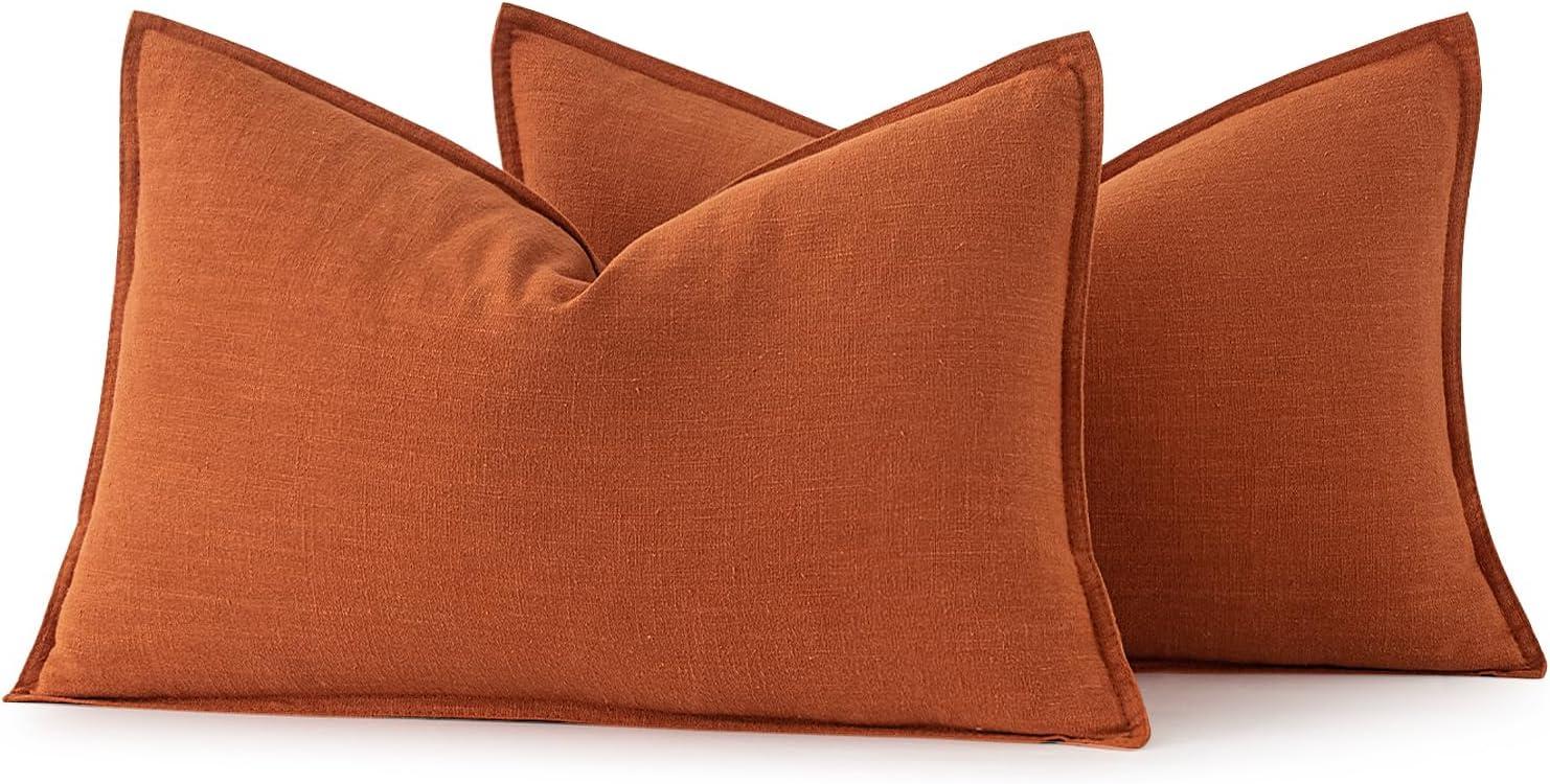 imageMIULEE Decorative Linen Pillow Covers 20x20 Inch Natural Beige Boho Farmhouse Neutral Christmas Couch Throw Pillows for Bed Pack of 2 Accent Modern Pillowcase Sofa Livingroom Home DecorBurnt Orange