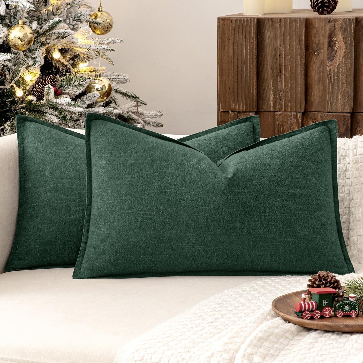 imageMIULEE Decorative Linen Pillow Covers 20x20 Inch Natural Beige Boho Farmhouse Neutral Christmas Couch Throw Pillows for Bed Pack of 2 Accent Modern Pillowcase Sofa Livingroom Home DecorDark Green