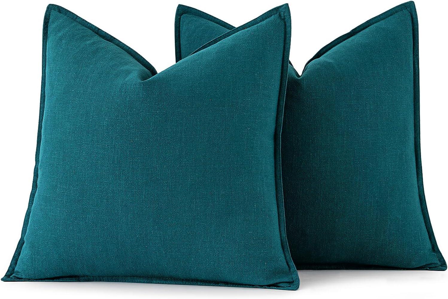 imageMIULEE Decorative Linen Pillow Covers 20x20 Inch Natural Beige Boho Farmhouse Neutral Christmas Couch Throw Pillows for Bed Pack of 2 Accent Modern Pillowcase Sofa Livingroom Home DecorTeal Blue