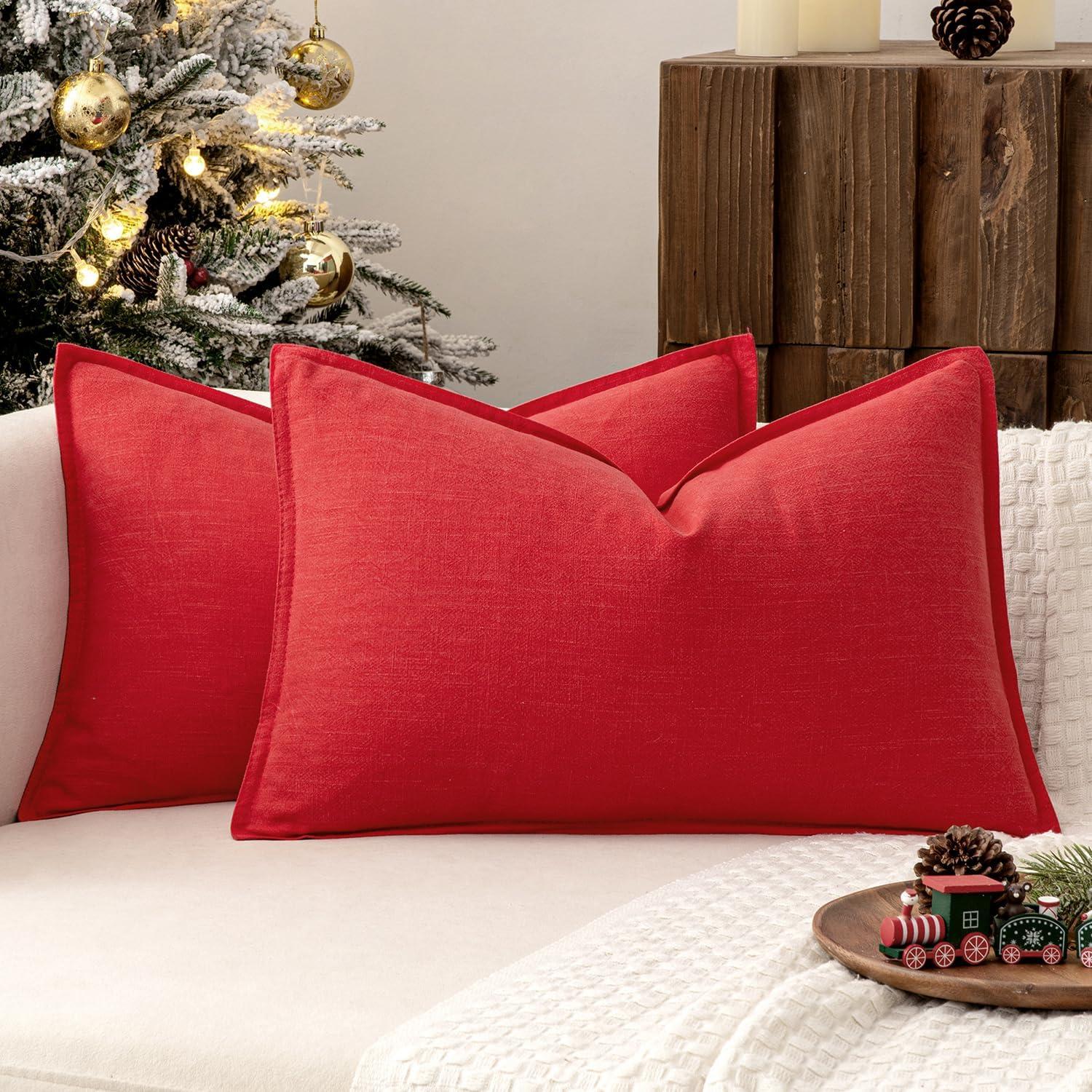 imageMIULEE Decorative Linen Pillow Covers 20x20 Inch Natural Beige Boho Farmhouse Neutral Christmas Couch Throw Pillows for Bed Pack of 2 Accent Modern Pillowcase Sofa Livingroom Home DecorRed