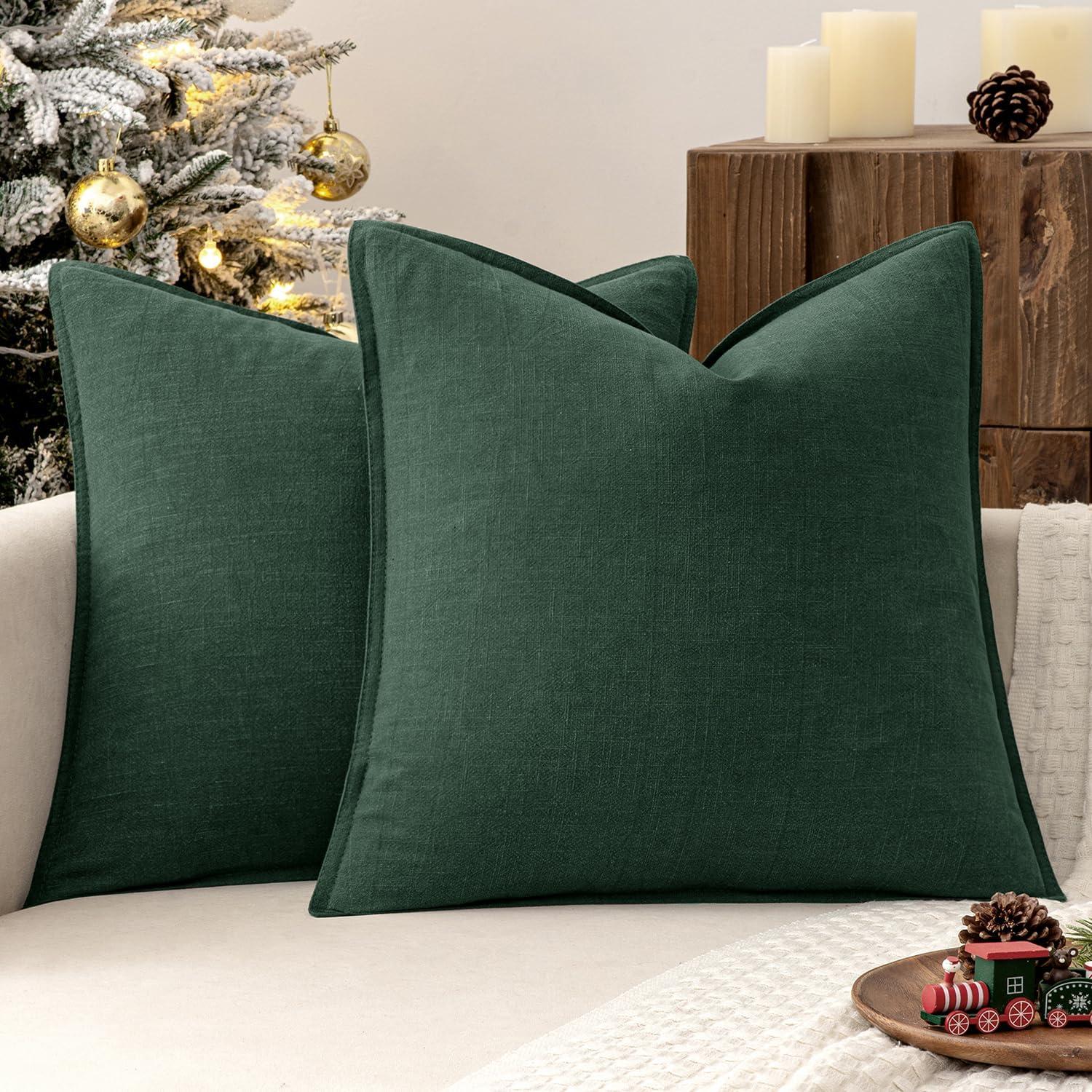 imageMIULEE Decorative Linen Pillow Covers 20x20 Inch Natural Beige Boho Farmhouse Neutral Christmas Couch Throw Pillows for Bed Pack of 2 Accent Modern Pillowcase Sofa Livingroom Home DecorDark Green