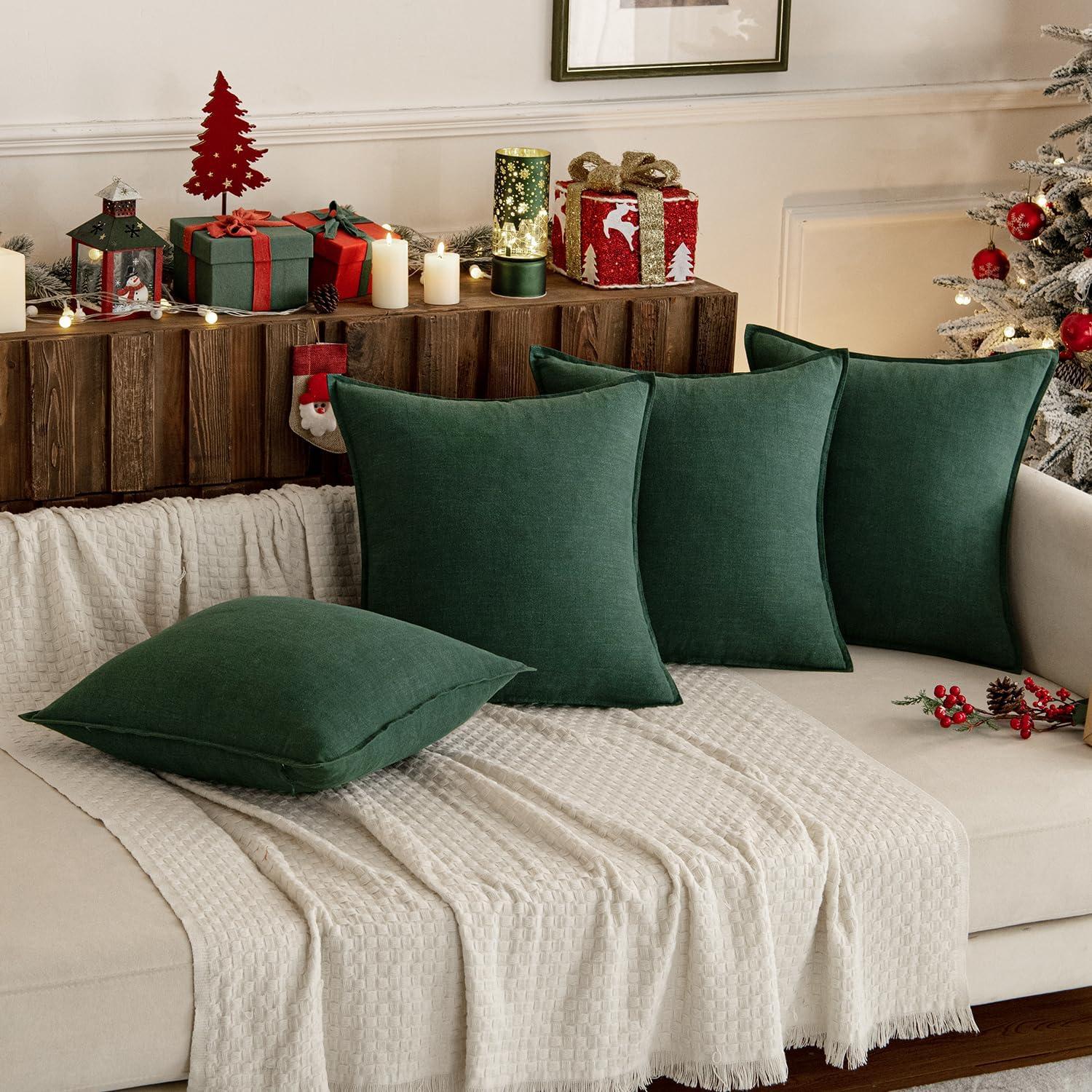 imageMIULEE Decorative Linen Pillow Covers 20x20 Inch Natural Beige Boho Farmhouse Neutral Christmas Couch Throw Pillows for Bed Pack of 2 Accent Modern Pillowcase Sofa Livingroom Home DecorDark Green