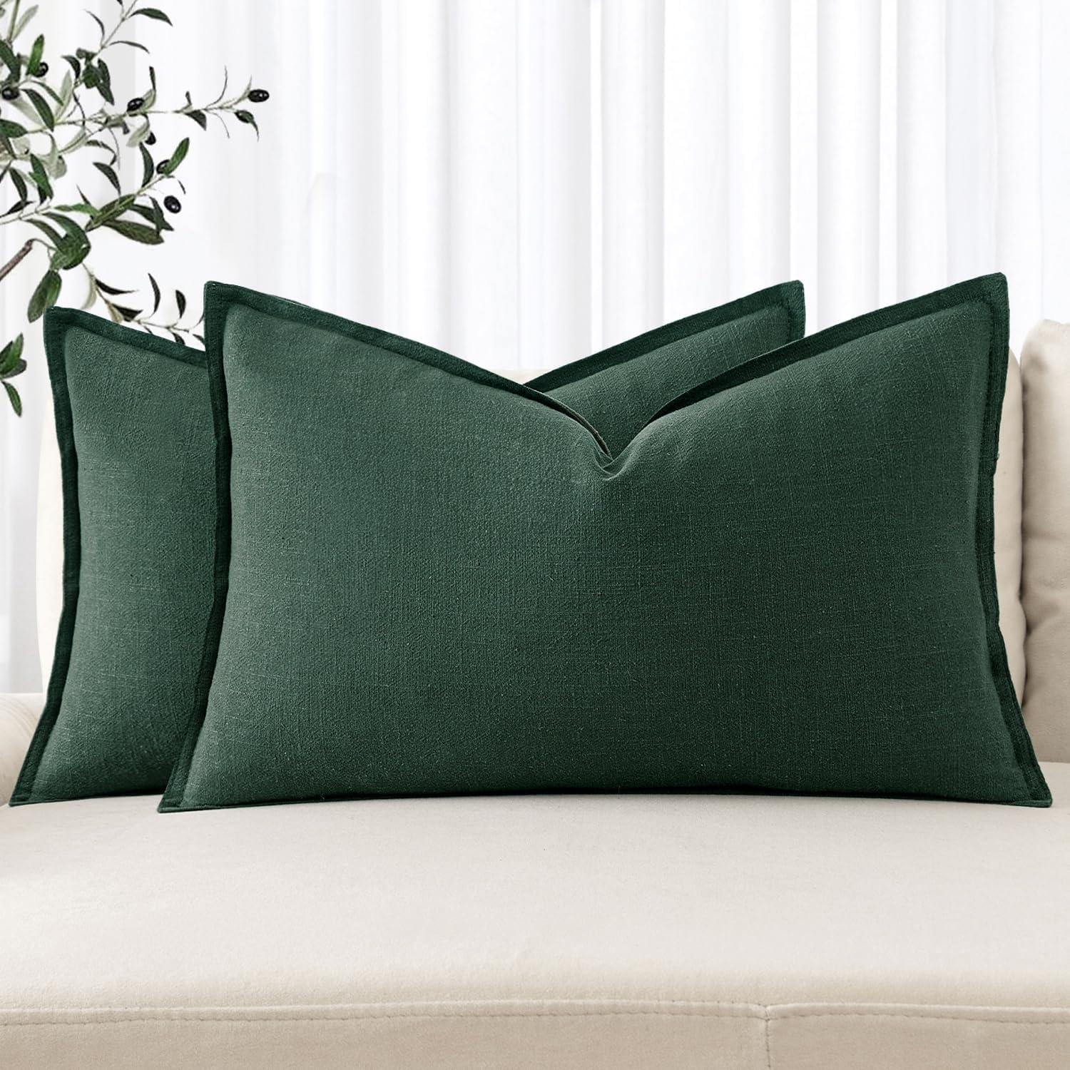 imageMIULEE Decorative Linen Pillow Covers 20x20 Inch Natural Beige Boho Farmhouse Neutral Christmas Couch Throw Pillows for Bed Pack of 2 Accent Modern Pillowcase Sofa Livingroom Home DecorDark Green