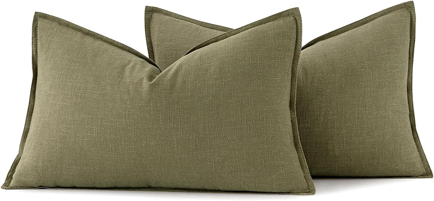 imageMIULEE Decorative Linen Pillow Covers 20x20 Inch Natural Beige Boho Farmhouse Neutral Christmas Couch Throw Pillows for Bed Pack of 2 Accent Modern Pillowcase Sofa Livingroom Home DecorLight Olive Green