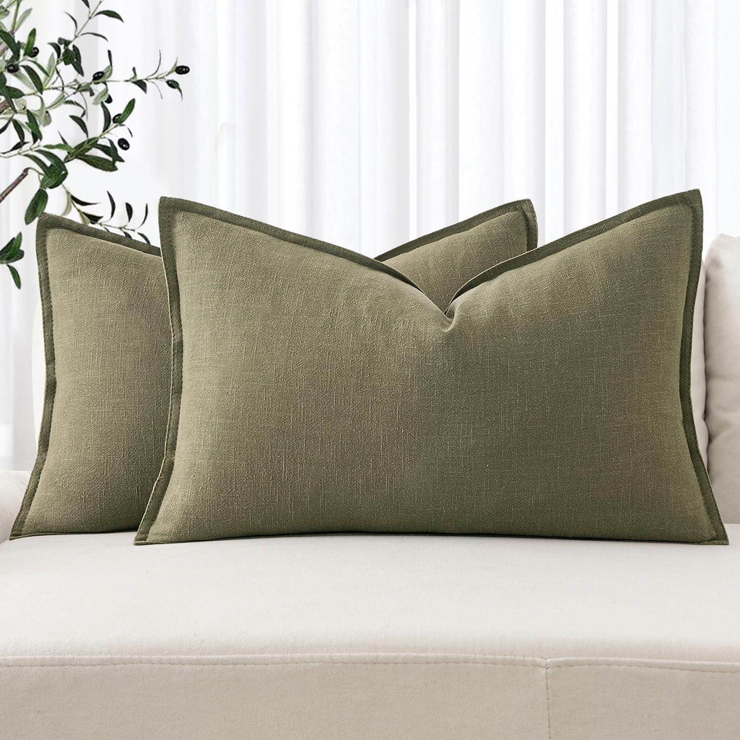 imageMIULEE Decorative Linen Pillow Covers 20x20 Inch Natural Beige Boho Farmhouse Neutral Christmas Couch Throw Pillows for Bed Pack of 2 Accent Modern Pillowcase Sofa Livingroom Home DecorLight Olive Green