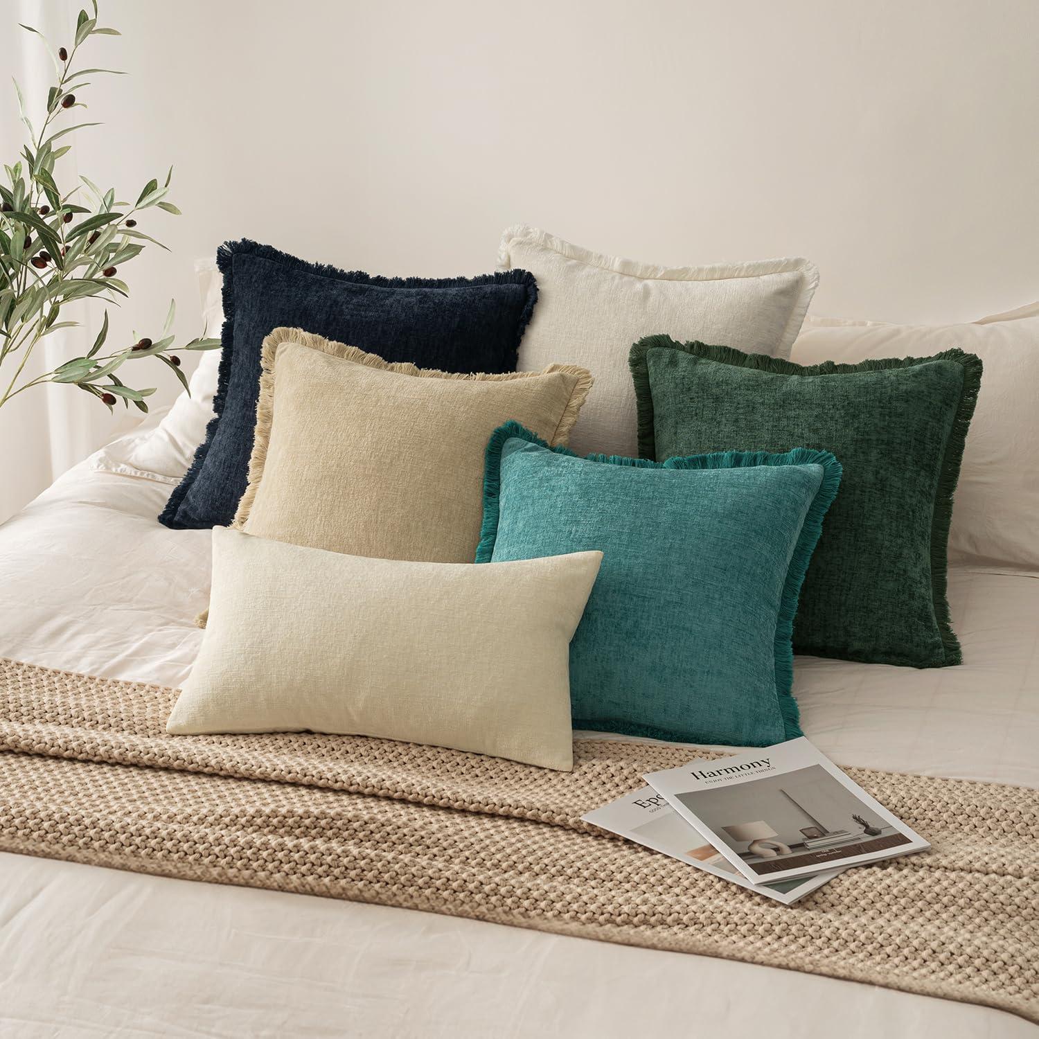 imageMIULEE Decorative Sage Green Throw Pillow Covers 18x18 Inch Set of 2 Soft Cozy Boho Farmhouse Couch Pillow Covers with Tassels Chenille Accent Pillowcases for Spring Sofa Bed Living Room Home DecorNavy Blue