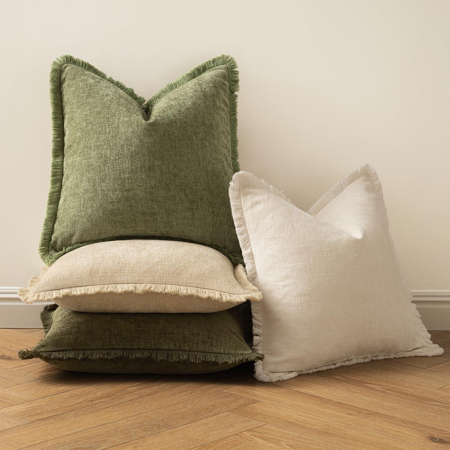 imageMIULEE Decorative Sage Green Throw Pillow Covers 18x18 Inch Set of 2 Soft Cozy Boho Farmhouse Couch Pillow Covers with Tassels Chenille Accent Pillowcases for Spring Sofa Bed Living Room Home DecorCream White