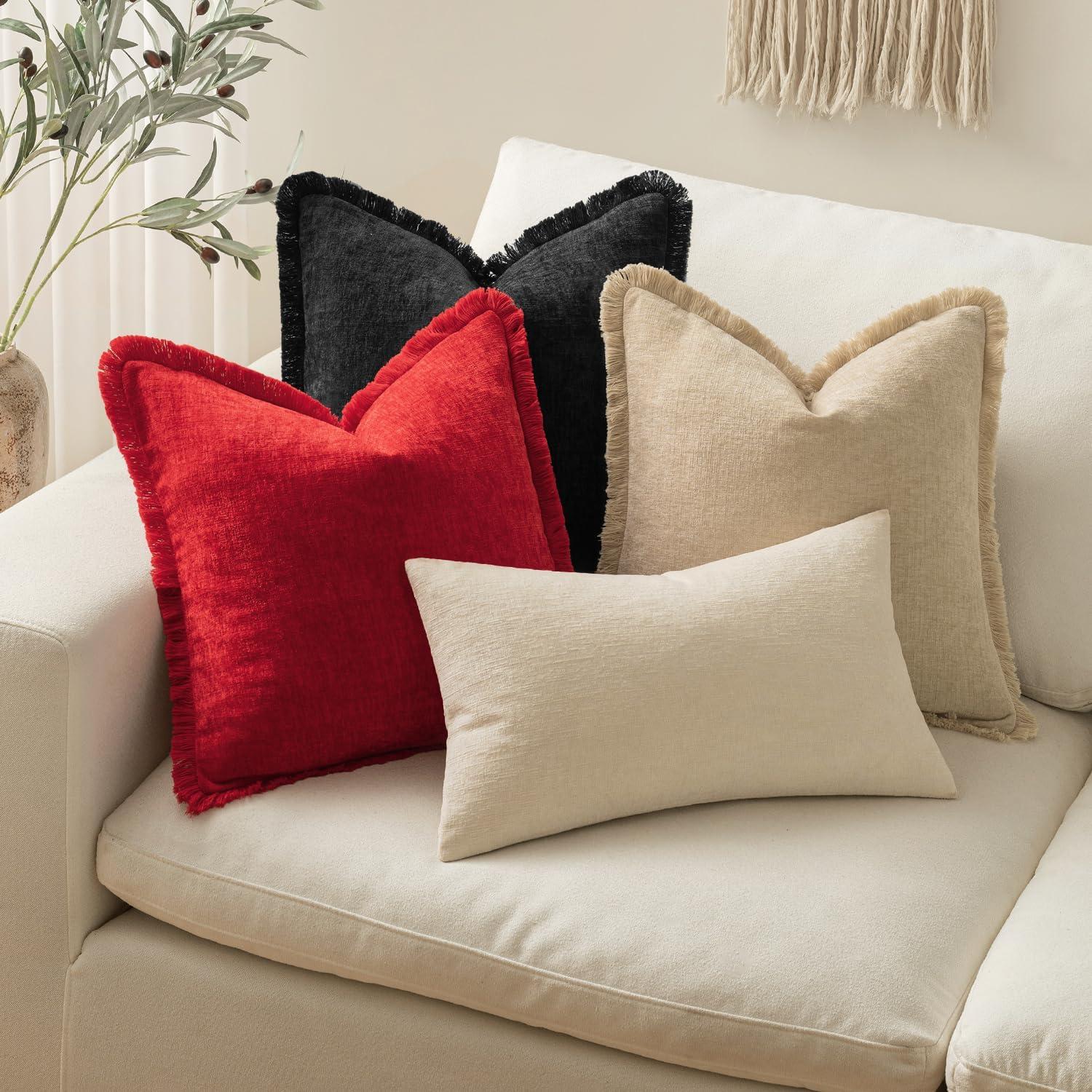 imageMIULEE Decorative Sage Green Throw Pillow Covers 18x18 Inch Set of 2 Soft Cozy Boho Farmhouse Couch Pillow Covers with Tassels Chenille Accent Pillowcases for Spring Sofa Bed Living Room Home DecorRed