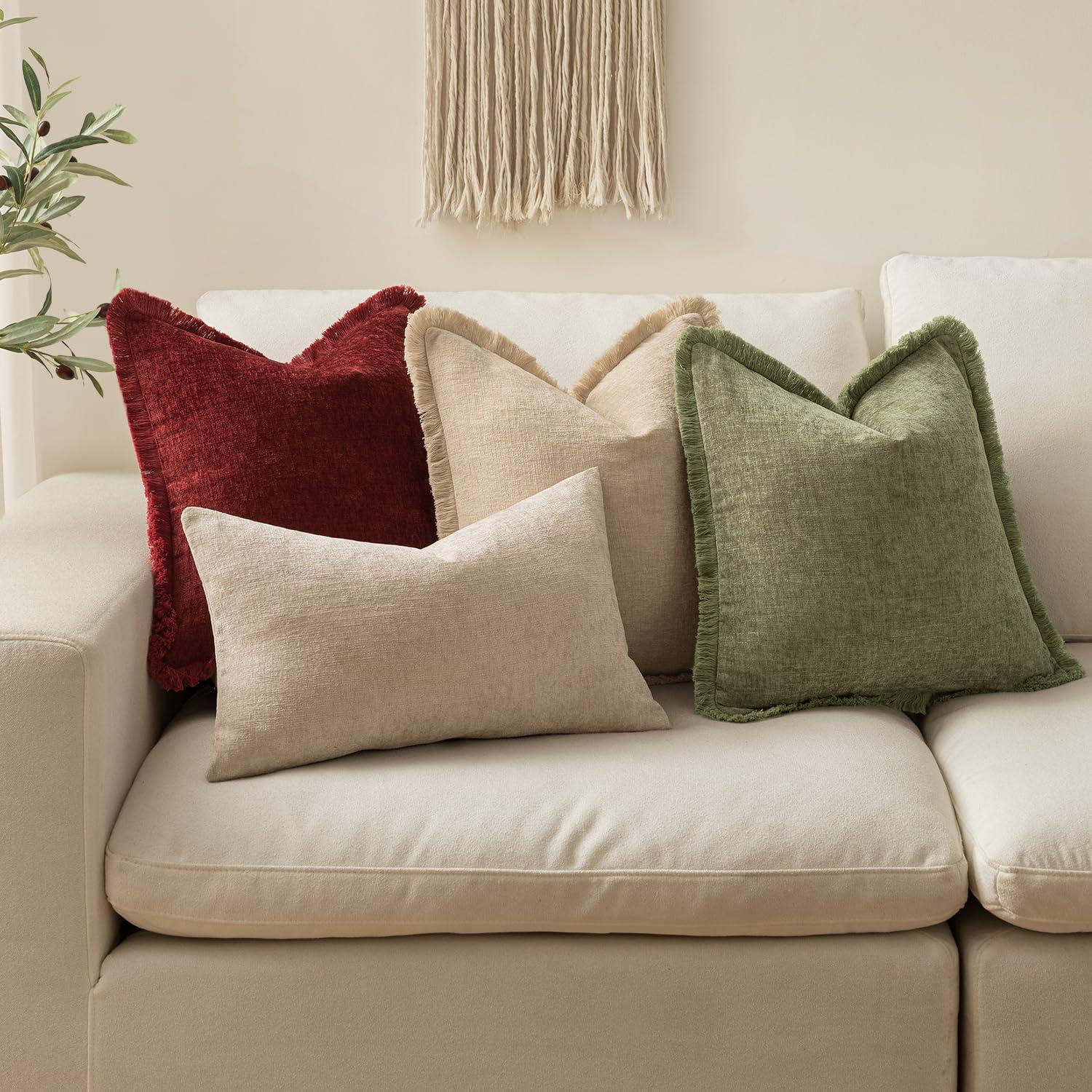 imageMIULEE Decorative Sage Green Throw Pillow Covers 18x18 Inch Set of 2 Soft Cozy Boho Farmhouse Couch Pillow Covers with Tassels Chenille Accent Pillowcases for Spring Sofa Bed Living Room Home DecorSage Green