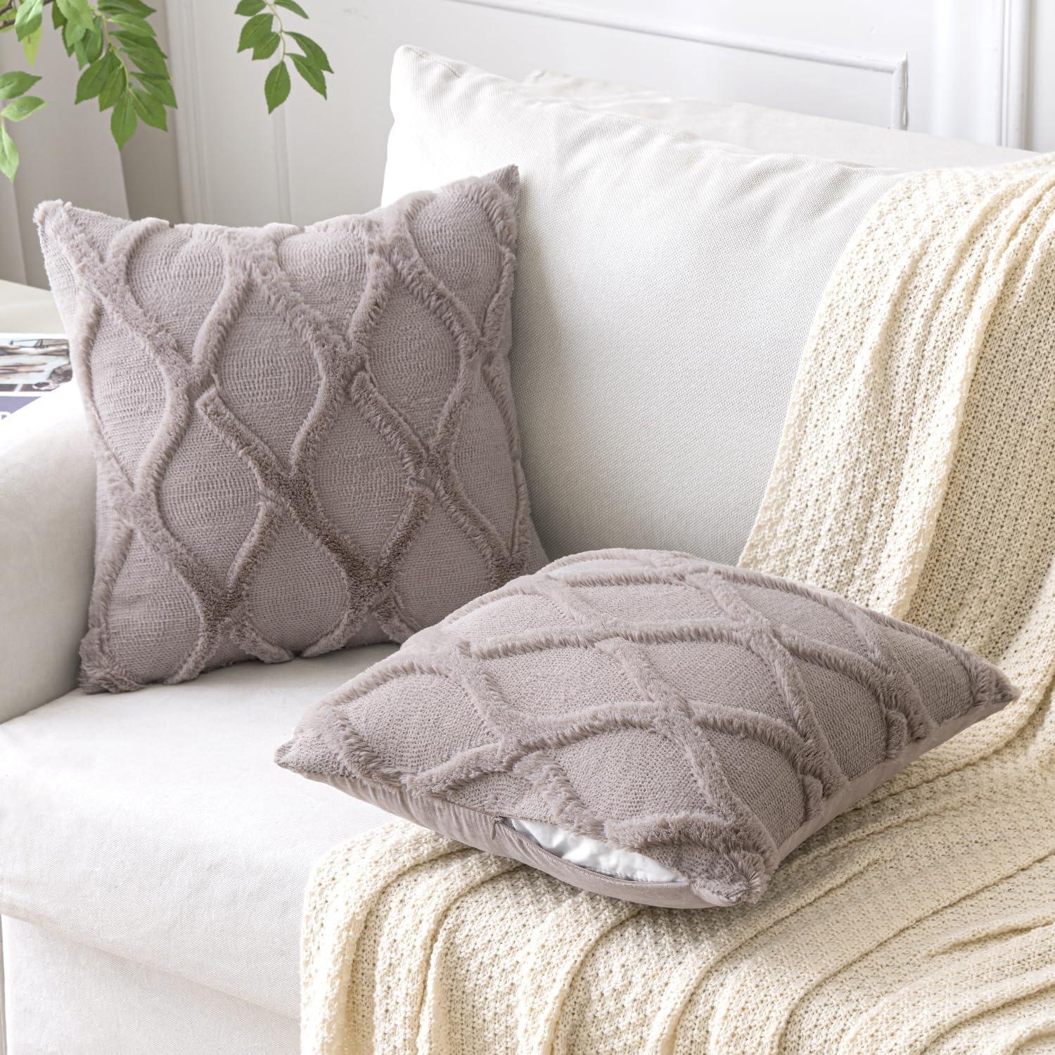 imageMIULEE Decorative Throw Pillow Covers Dark Grey 18x18 Inch Set of 2 Soft Plush Faux Wool Couch Cushion Covers Farmhouse Throw Pillows for Couch Bed Sofa Living RoomTaupe