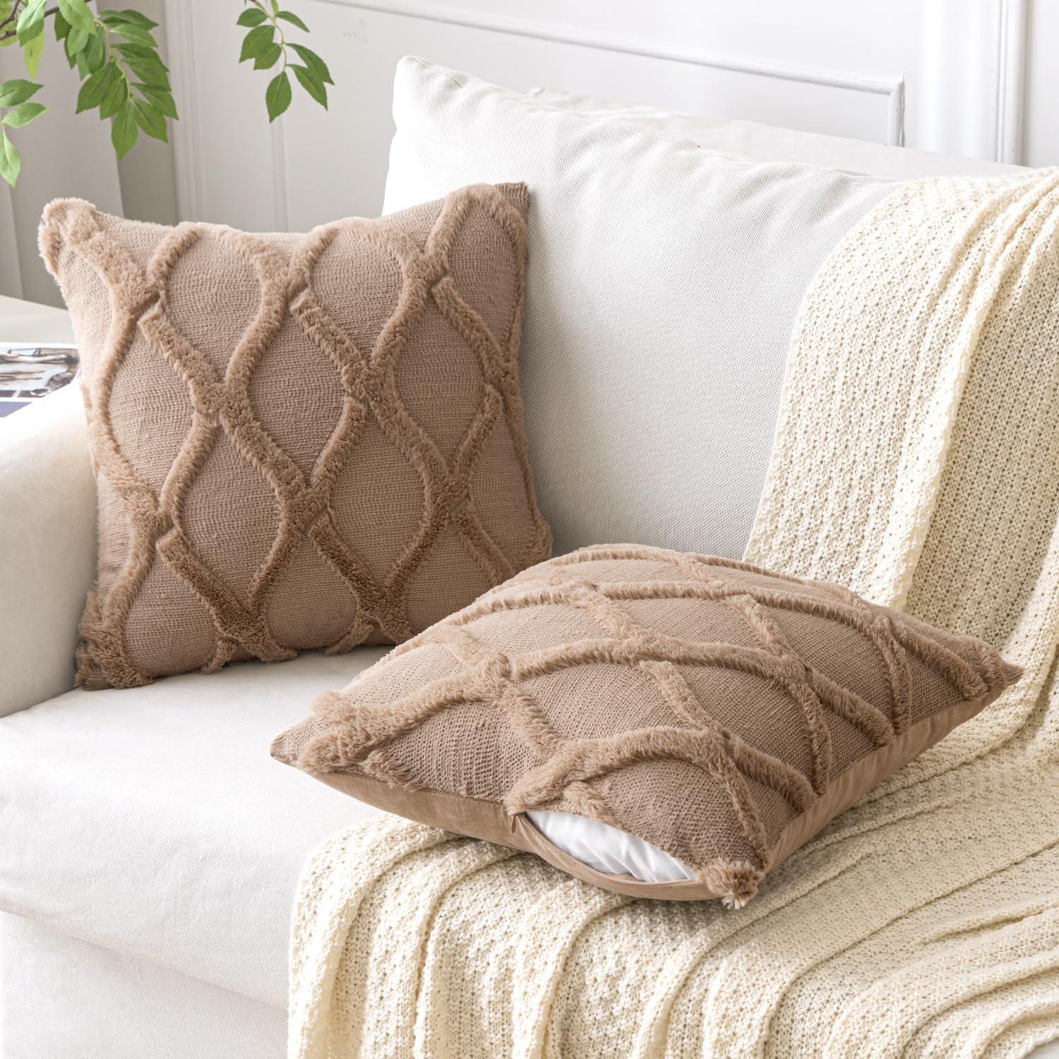 imageMIULEE Decorative Throw Pillow Covers Dark Grey 18x18 Inch Set of 2 Soft Plush Faux Wool Couch Cushion Covers Farmhouse Throw Pillows for Couch Bed Sofa Living RoomKhaki