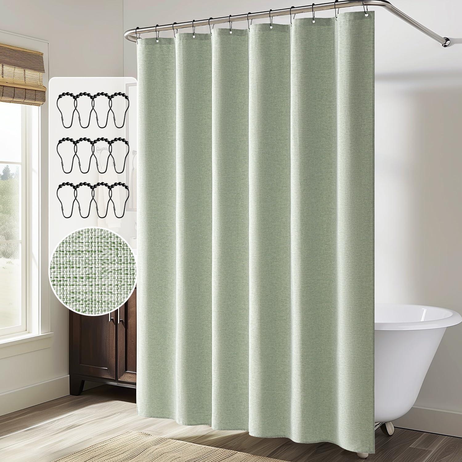 imageMIULEE Extra Long Linen Shower Curtain 96 Inches Long with 12 Metal Hooks Washable Beige Fabric Shower Curtain Set Waterproof Neutral Thick Cloth Shower Curtains for Bathroom Hotel Bathtub CreamSage Green