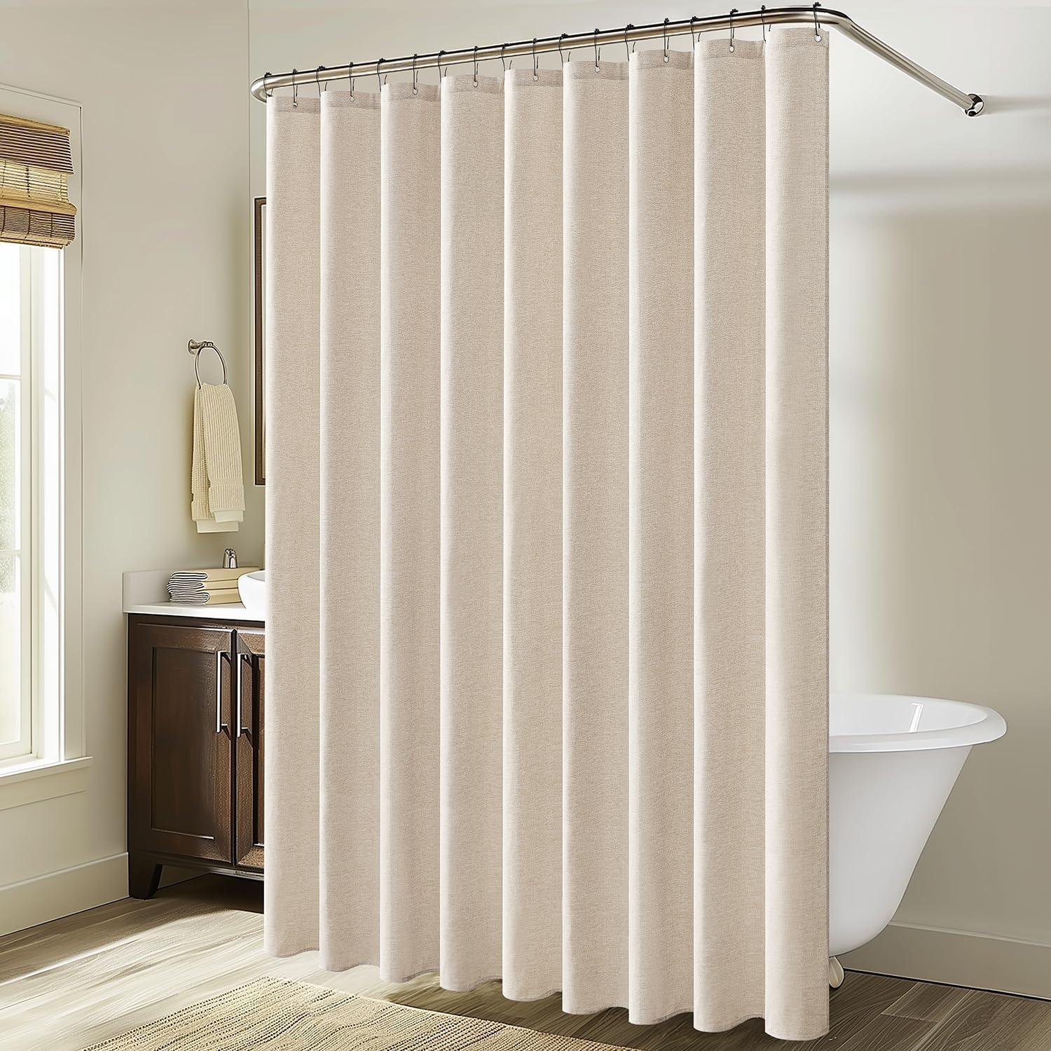 imageMIULEE Extra Long Linen Shower Curtain 96 Inches Long with 12 Metal Hooks Washable Beige Fabric Shower Curtain Set Waterproof Neutral Thick Cloth Shower Curtains for Bathroom Hotel Bathtub CreamCream