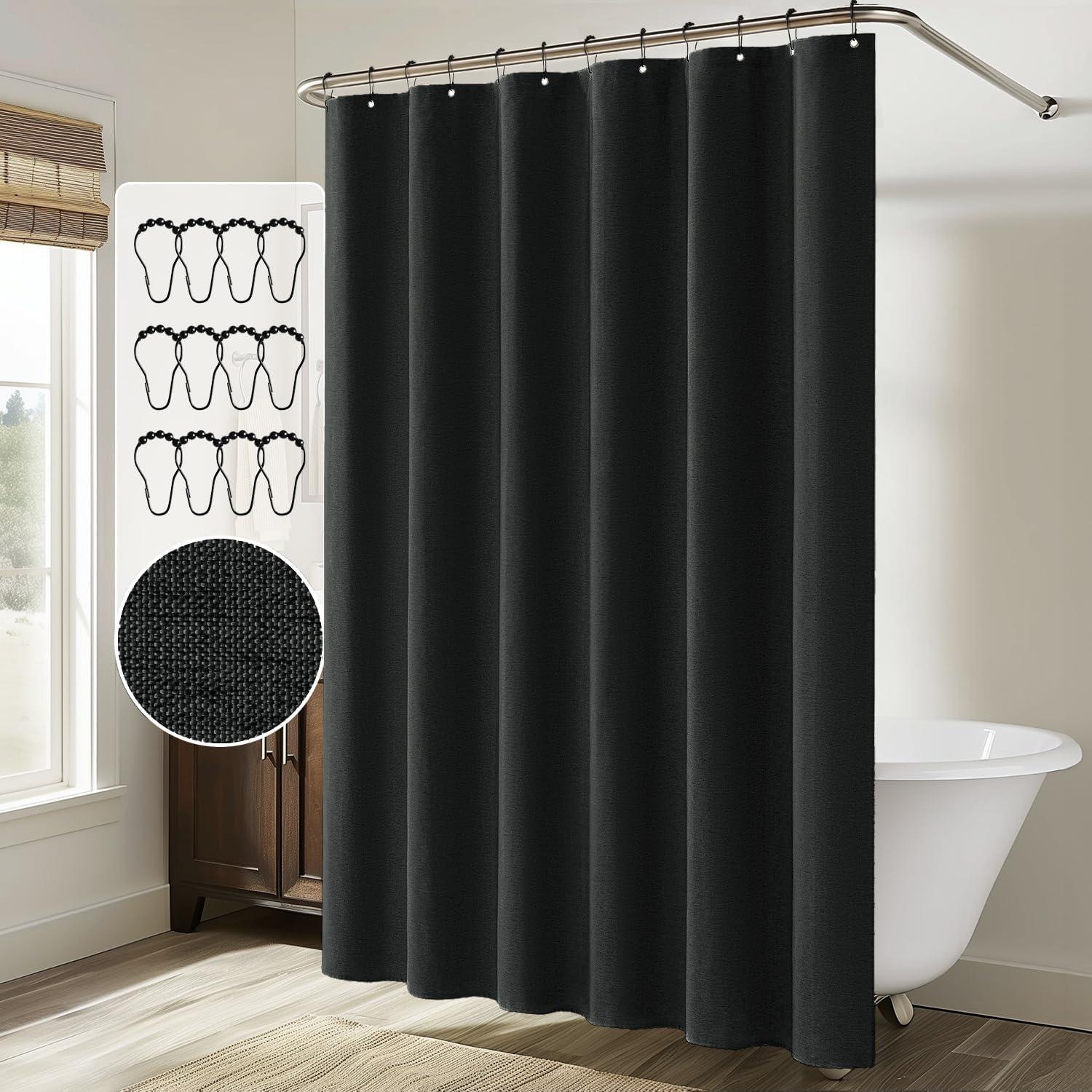 imageMIULEE Extra Long Linen Shower Curtain 96 Inches Long with 12 Metal Hooks Washable Beige Fabric Shower Curtain Set Waterproof Neutral Thick Cloth Shower Curtains for Bathroom Hotel Bathtub CreamBlack