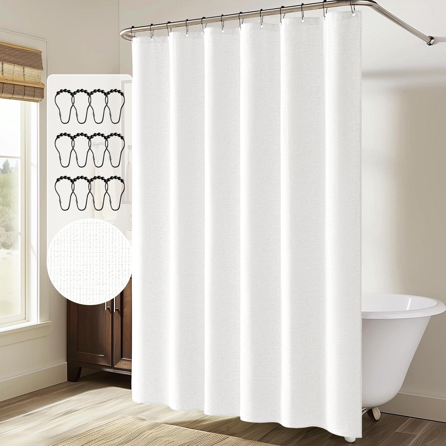 imageMIULEE Extra Long Linen Shower Curtain 96 Inches Long with 12 Metal Hooks Washable Beige Fabric Shower Curtain Set Waterproof Neutral Thick Cloth Shower Curtains for Bathroom Hotel Bathtub CreamWhite