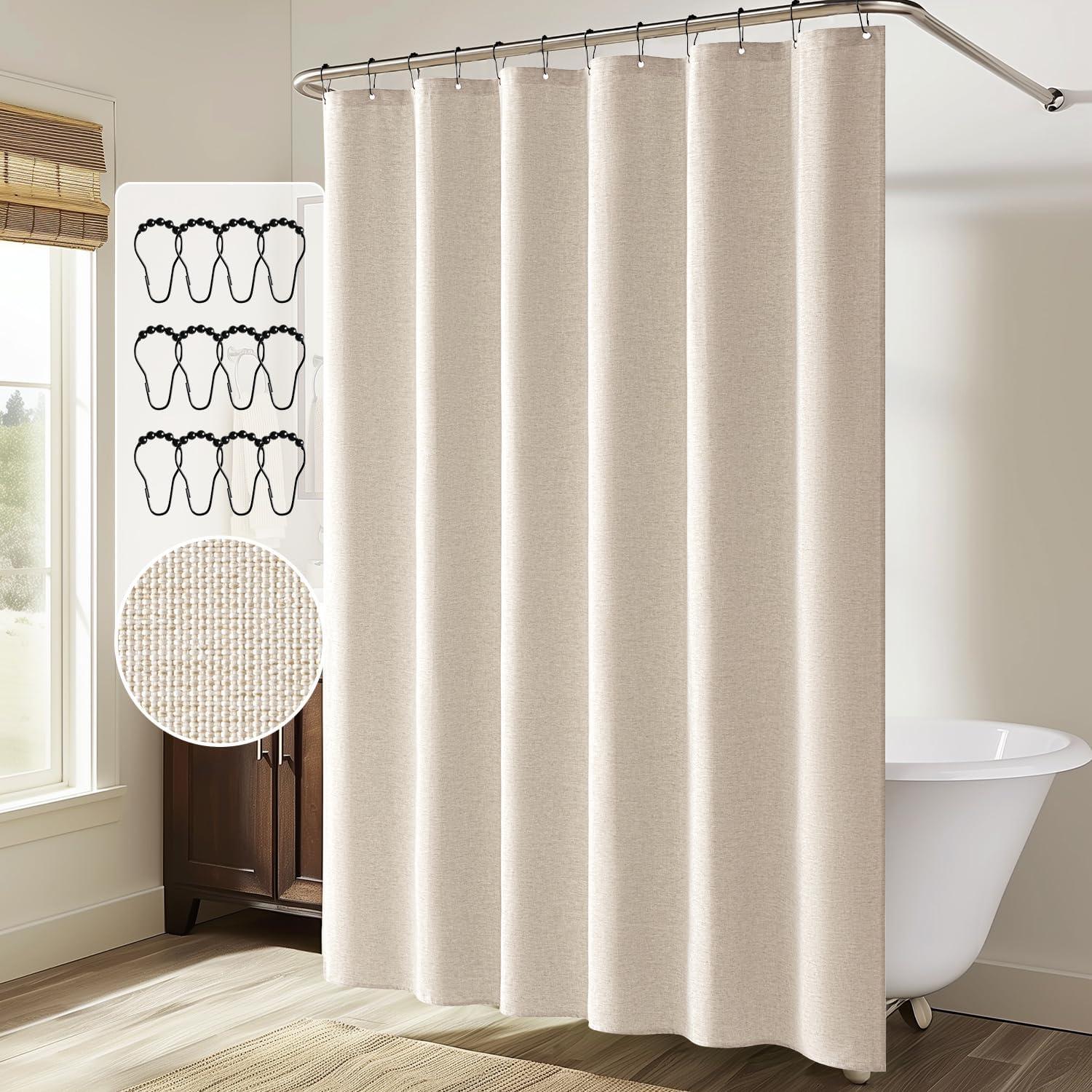 imageMIULEE Extra Long Linen Shower Curtain 96 Inches Long with 12 Metal Hooks Washable Beige Fabric Shower Curtain Set Waterproof Neutral Thick Cloth Shower Curtains for Bathroom Hotel Bathtub CreamCream