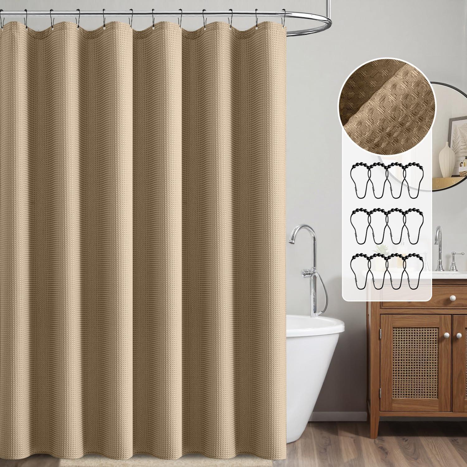 imageMIULEE Extra Long Waffle Weave Shower Bath Curtain 84 Inch Long with 12 Metal Hooks Modern Washable 260GSM Heavy Fabric Waterproof Thick Cloth Shower Curtains Set for Bathroom Bathtub WhiteKhaki