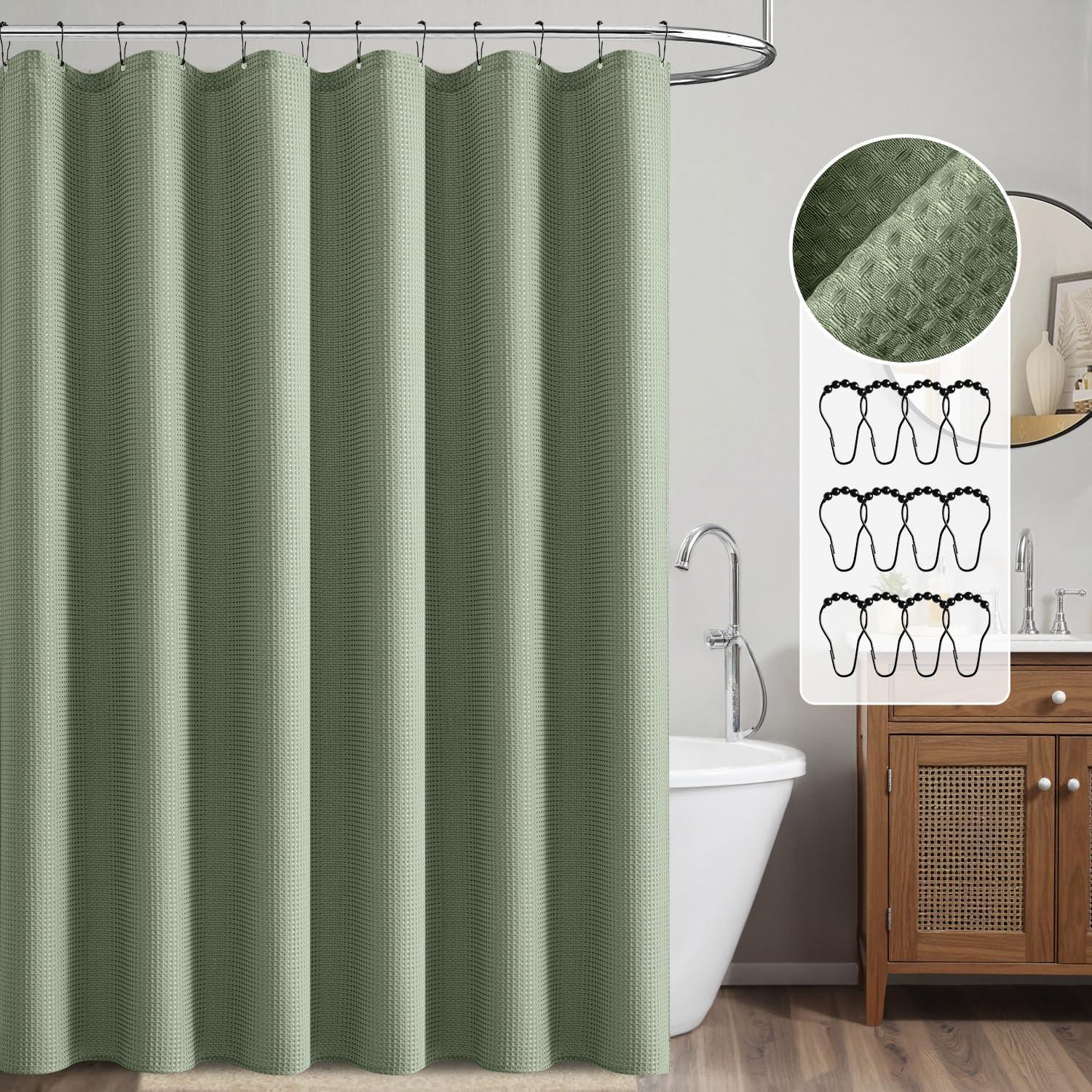 imageMIULEE Extra Long Waffle Weave Shower Bath Curtain 84 Inch Long with 12 Metal Hooks Modern Washable 260GSM Heavy Fabric Waterproof Thick Cloth Shower Curtains Set for Bathroom Bathtub WhiteSage Green