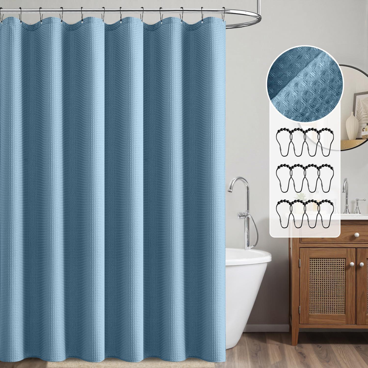 imageMIULEE Extra Long Waffle Weave Shower Bath Curtain 84 Inch Long with 12 Metal Hooks Modern Washable 260GSM Heavy Fabric Waterproof Thick Cloth Shower Curtains Set for Bathroom Bathtub WhiteMoonlight Blue