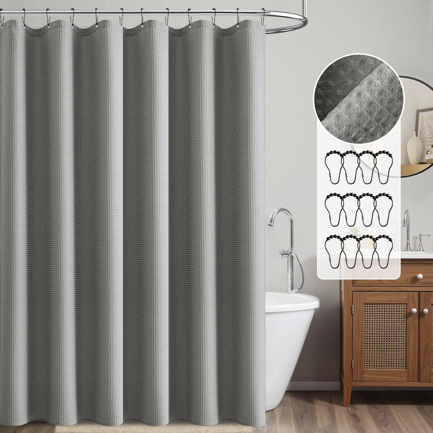 imageMIULEE Extra Long Waffle Weave Shower Bath Curtain 84 Inch Long with 12 Metal Hooks Modern Washable 260GSM Heavy Fabric Waterproof Thick Cloth Shower Curtains Set for Bathroom Bathtub WhiteLight Grey