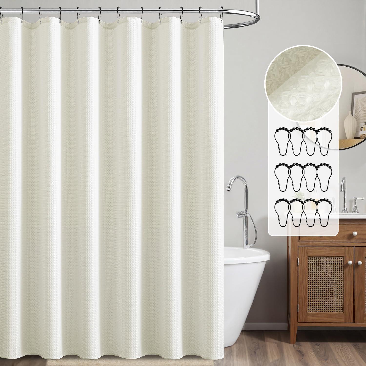 imageMIULEE Extra Long Waffle Weave Shower Bath Curtain 84 Inch Long with 12 Metal Hooks Modern Washable 260GSM Heavy Fabric Waterproof Thick Cloth Shower Curtains Set for Bathroom Bathtub WhiteIvory