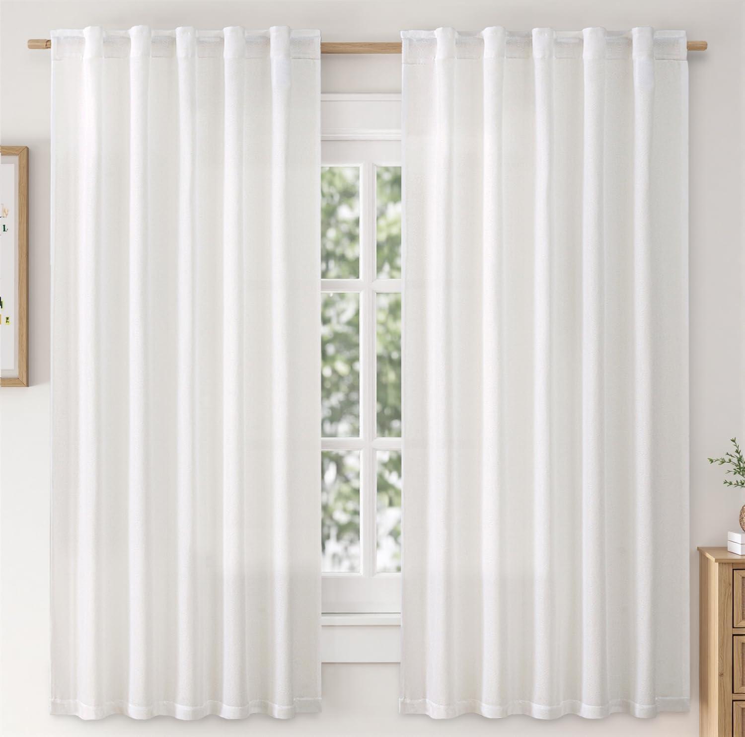 imageMIULEE Faux Linen Curtains 84 Inch Length 2 Panels Natural Burnt Orange Semi Sheer Curtain with Back Tab Rod Pocket Light Filtering Window Privacy Burlap Drapes for Living Room Bedroom 42W x 84LHeathered White