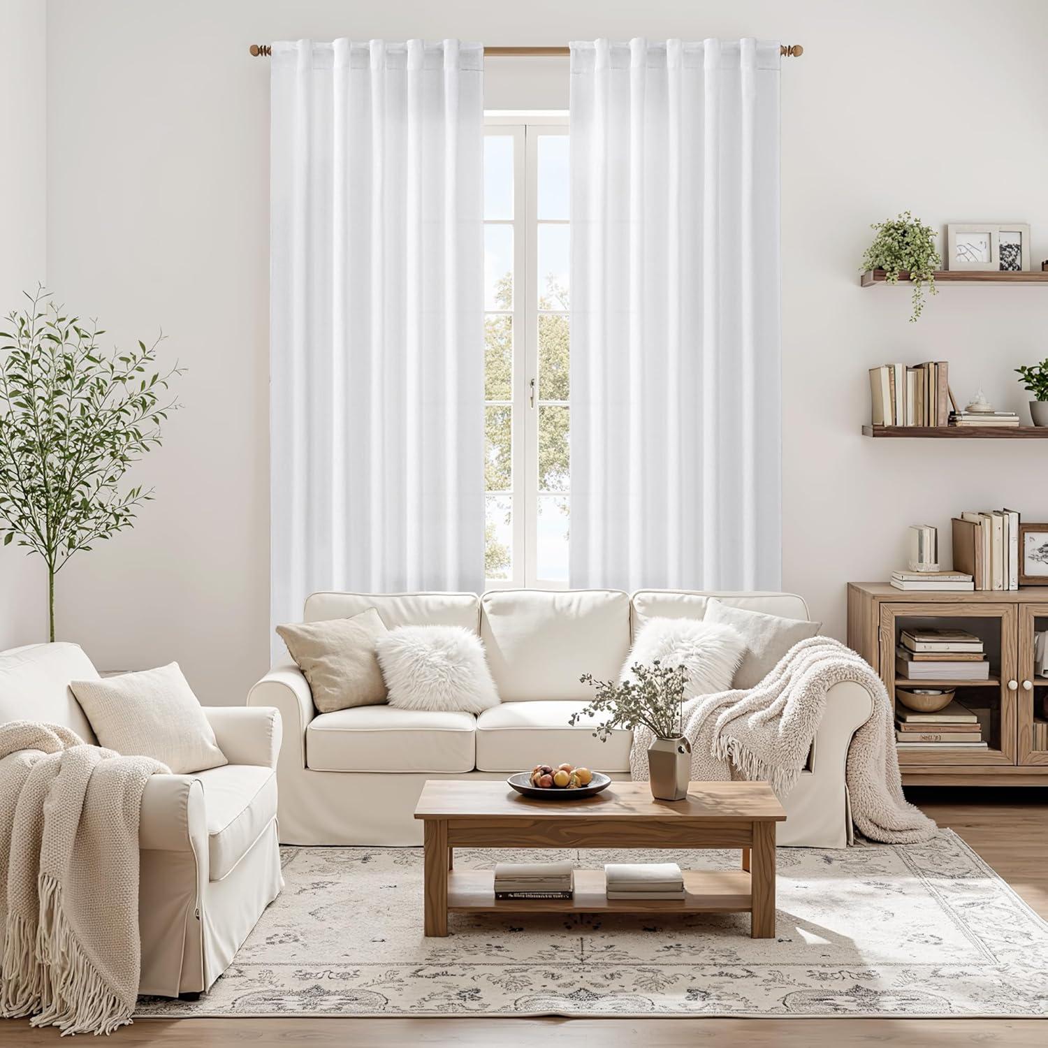 imageMIULEE Faux Linen Curtains 84 Inch Length 2 Panels Natural Burnt Orange Semi Sheer Curtain with Back Tab Rod Pocket Light Filtering Window Privacy Burlap Drapes for Living Room Bedroom 42W x 84LWhite