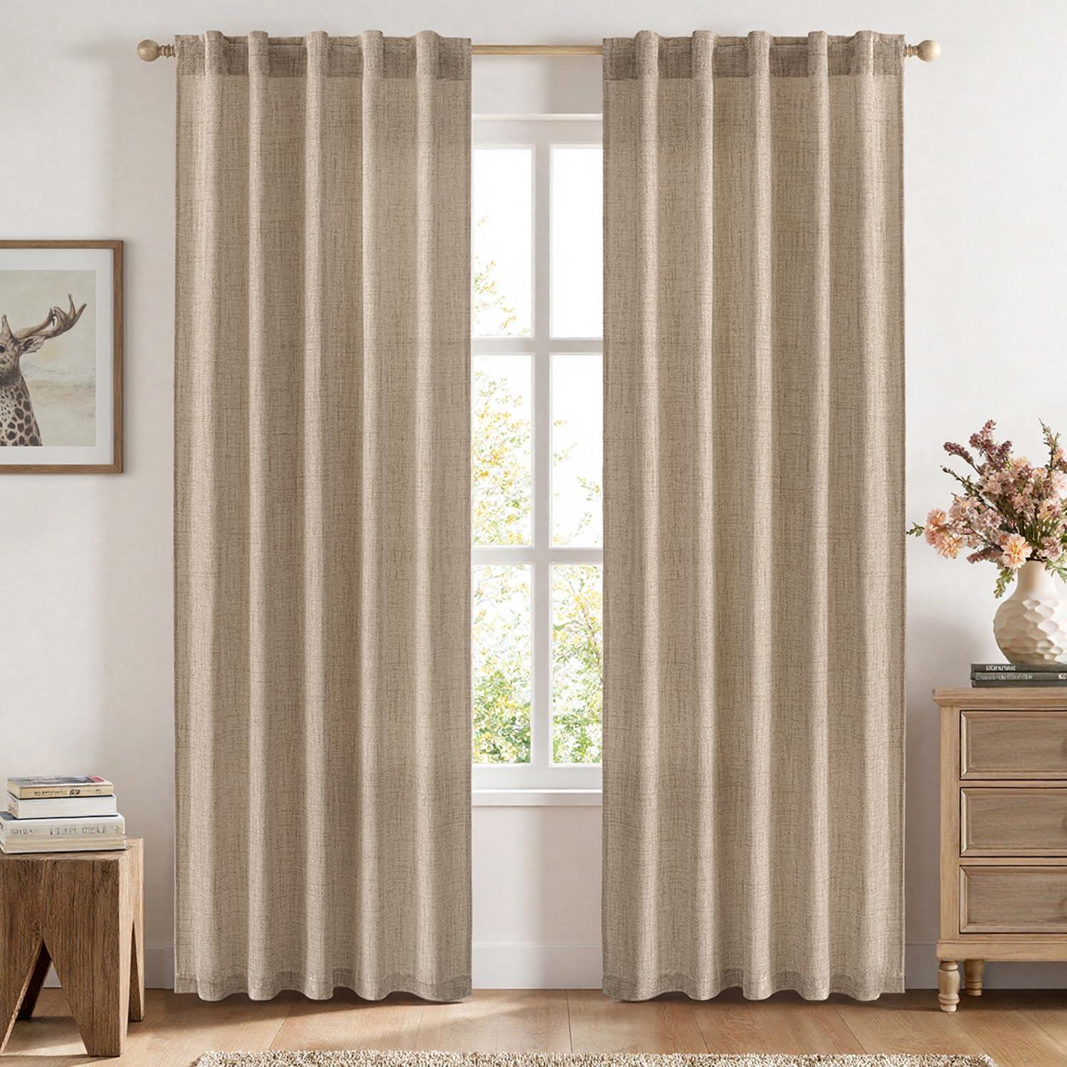 imageMIULEE Faux Linen Curtains 84 Inch Length 2 Panels Natural Burnt Orange Semi Sheer Curtain with Back Tab Rod Pocket Light Filtering Window Privacy Burlap Drapes for Living Room Bedroom 42W x 84LCopper Brown