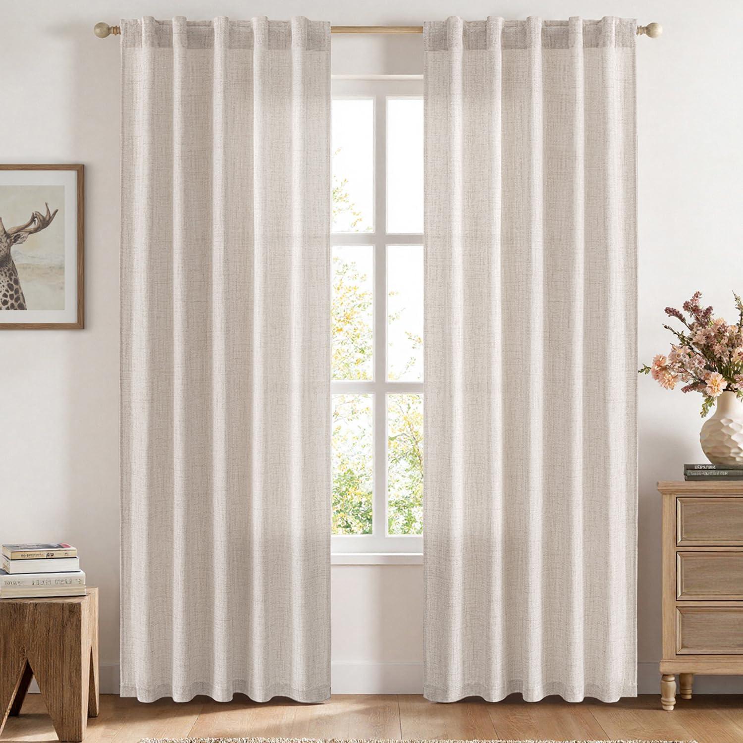 imageMIULEE Faux Linen Curtains 84 Inch Length 2 Panels Natural Burnt Orange Semi Sheer Curtain with Back Tab Rod Pocket Light Filtering Window Privacy Burlap Drapes for Living Room Bedroom 42W x 84LBeige