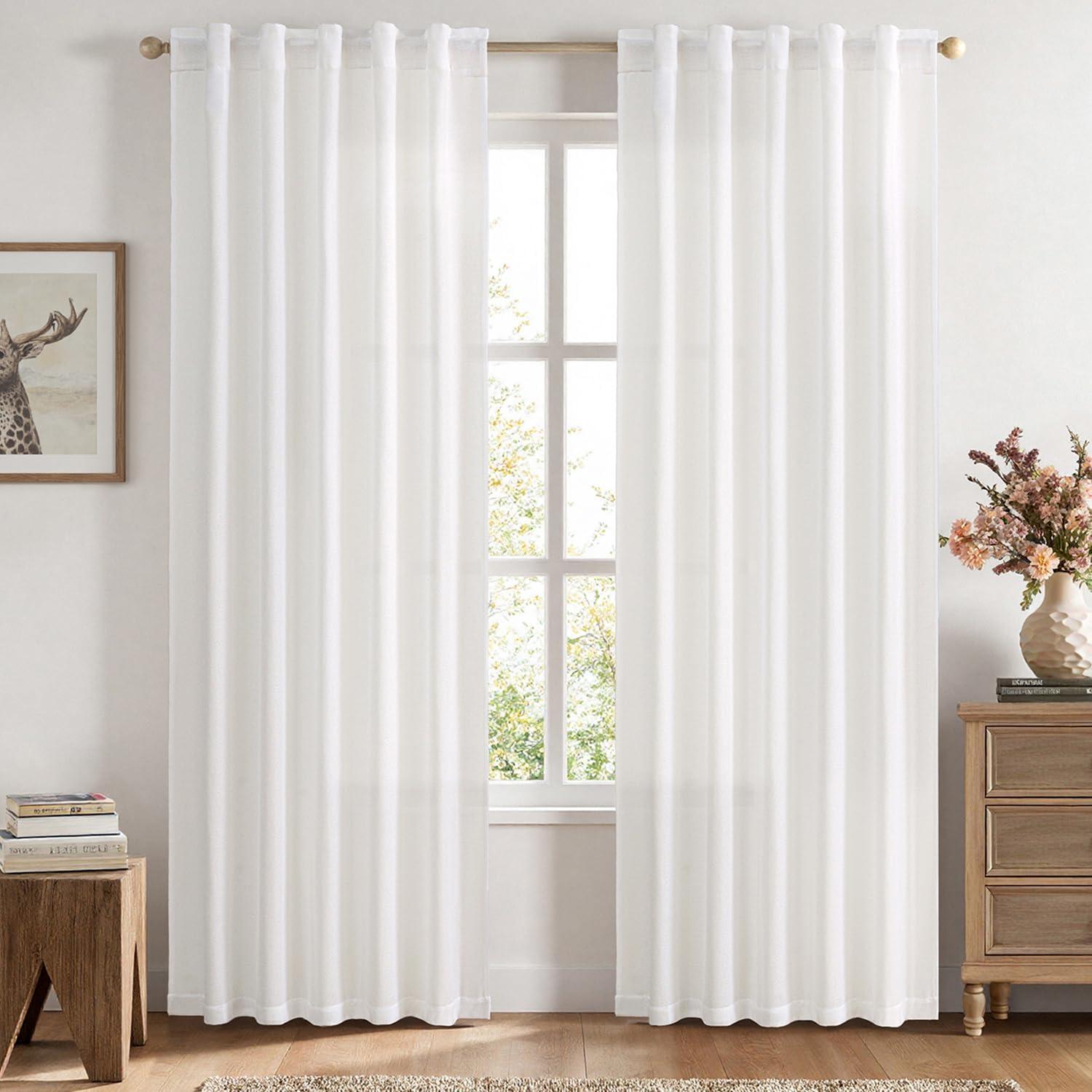 imageMIULEE Faux Linen Curtains 84 Inch Length 2 Panels Natural Burnt Orange Semi Sheer Curtain with Back Tab Rod Pocket Light Filtering Window Privacy Burlap Drapes for Living Room Bedroom 42W x 84LHeathered White